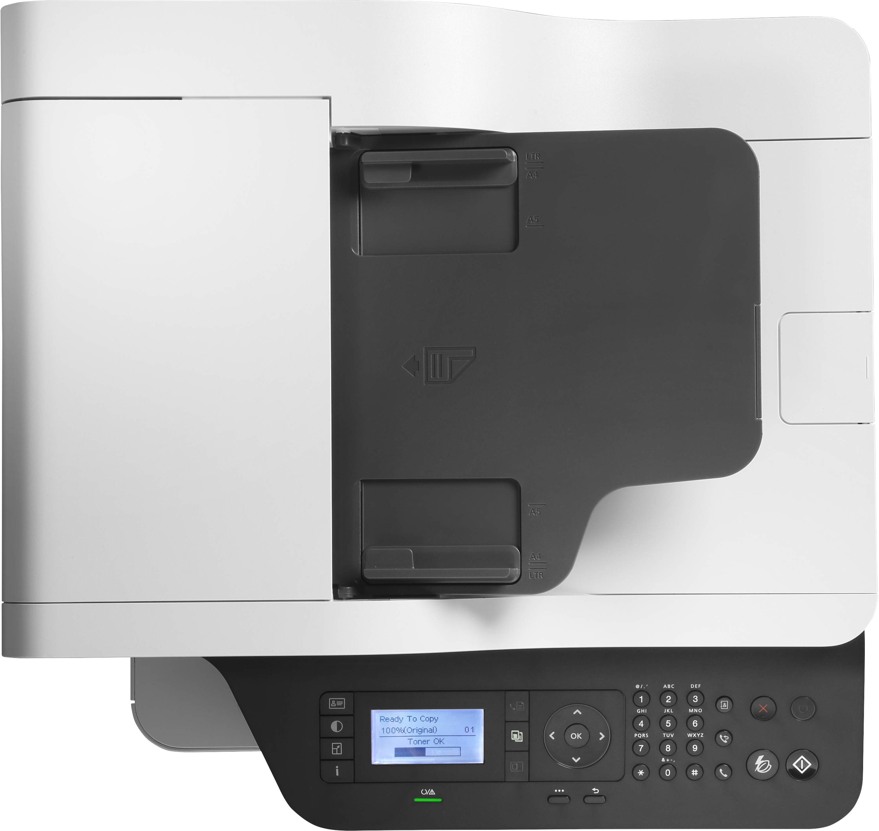 Una impresora blanca con un panel de control y una pantalla que dice 'Ready To Copy'.