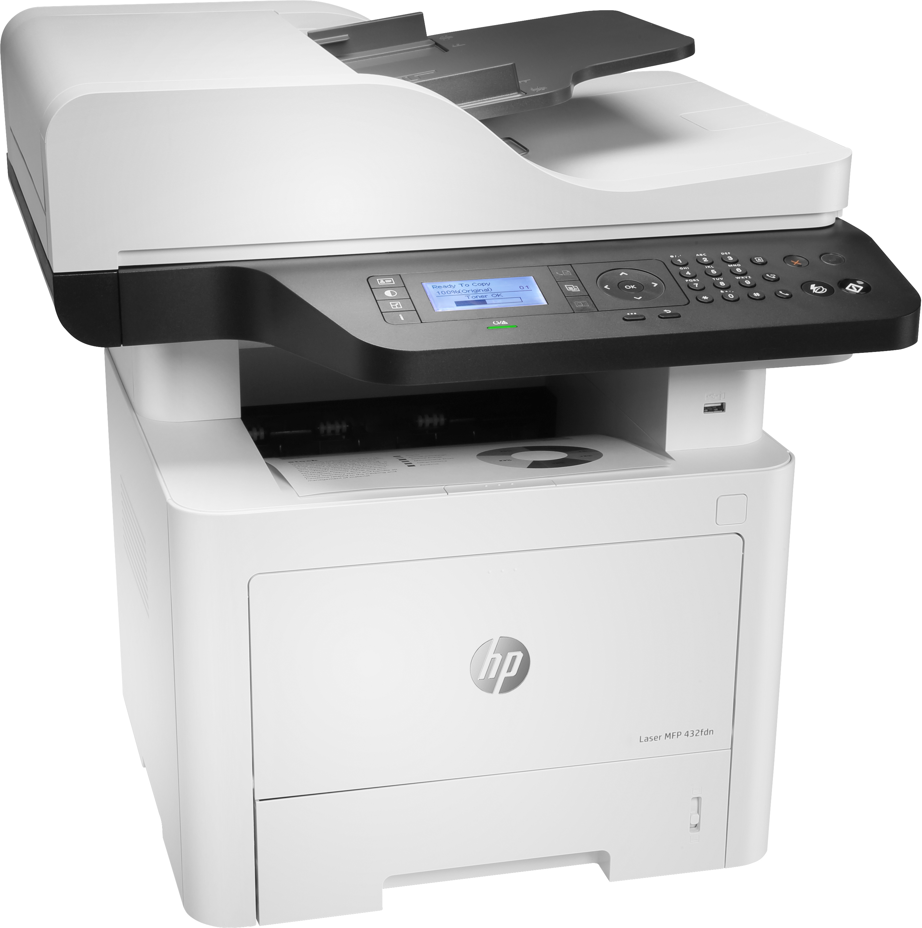 Impresora HP blanca y negra con bandeja de salida de papel y panel de control superior.