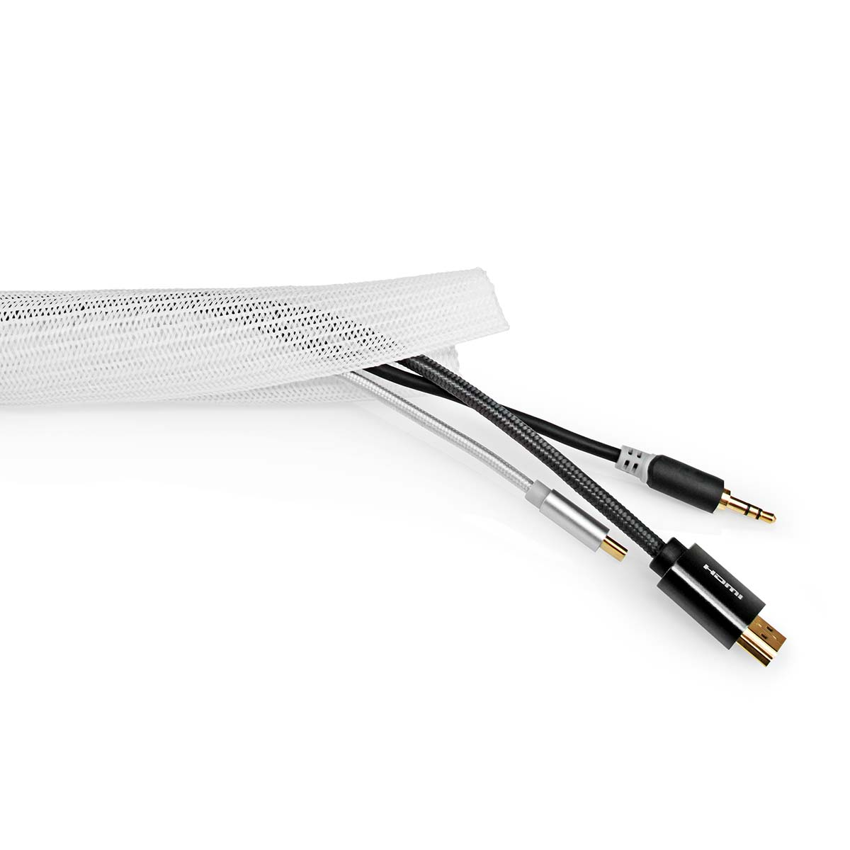 Three audio cables emerging from a white cable sleeve on white background.