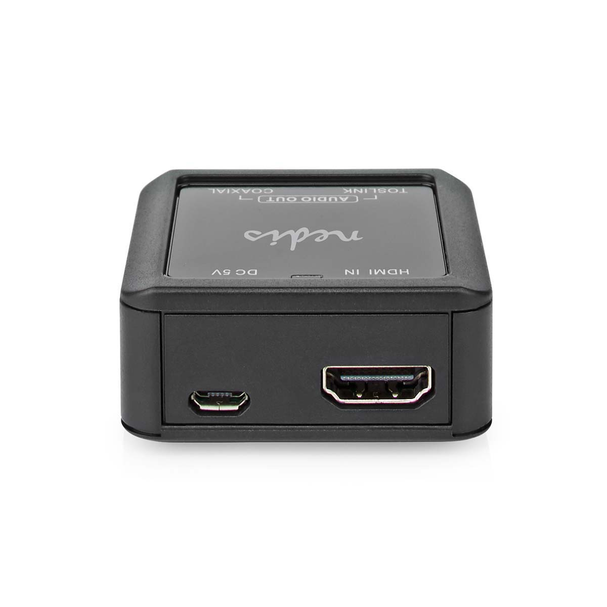 Schwarzer HDMI-auf-HDMI-, Audioausgang- und Toslink-Adapter mit DC-5-V-Eingang.