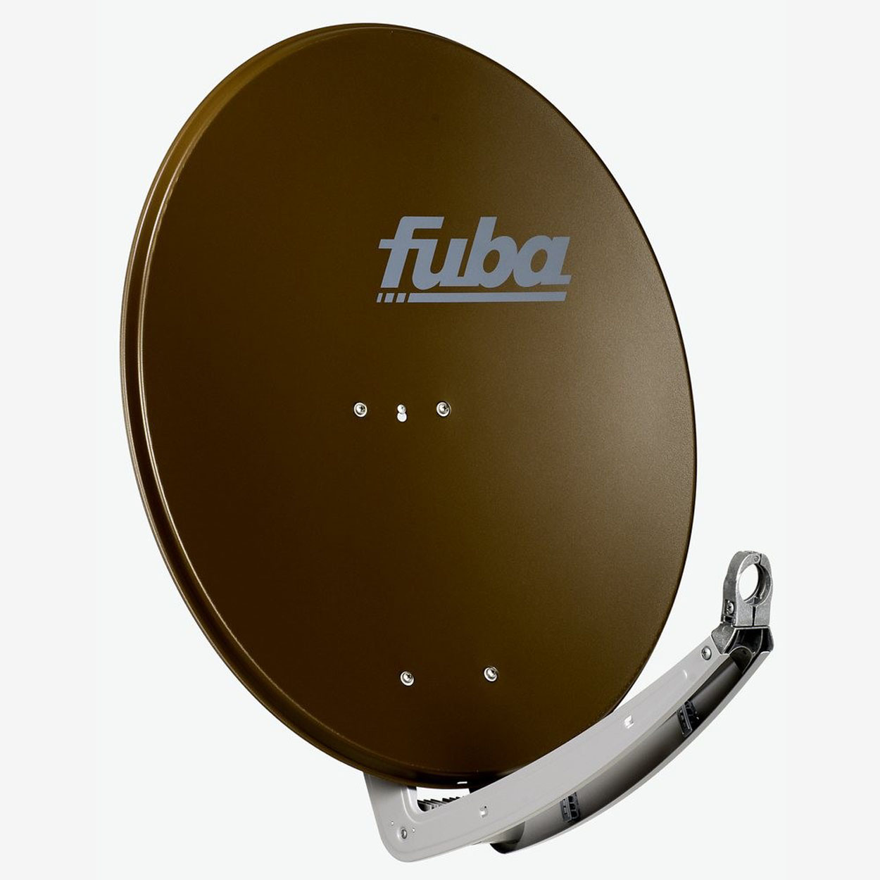 Braune Satellitenschüssel mit silbernem Arm und dem Wort 'fuba' auf der Schüssel.