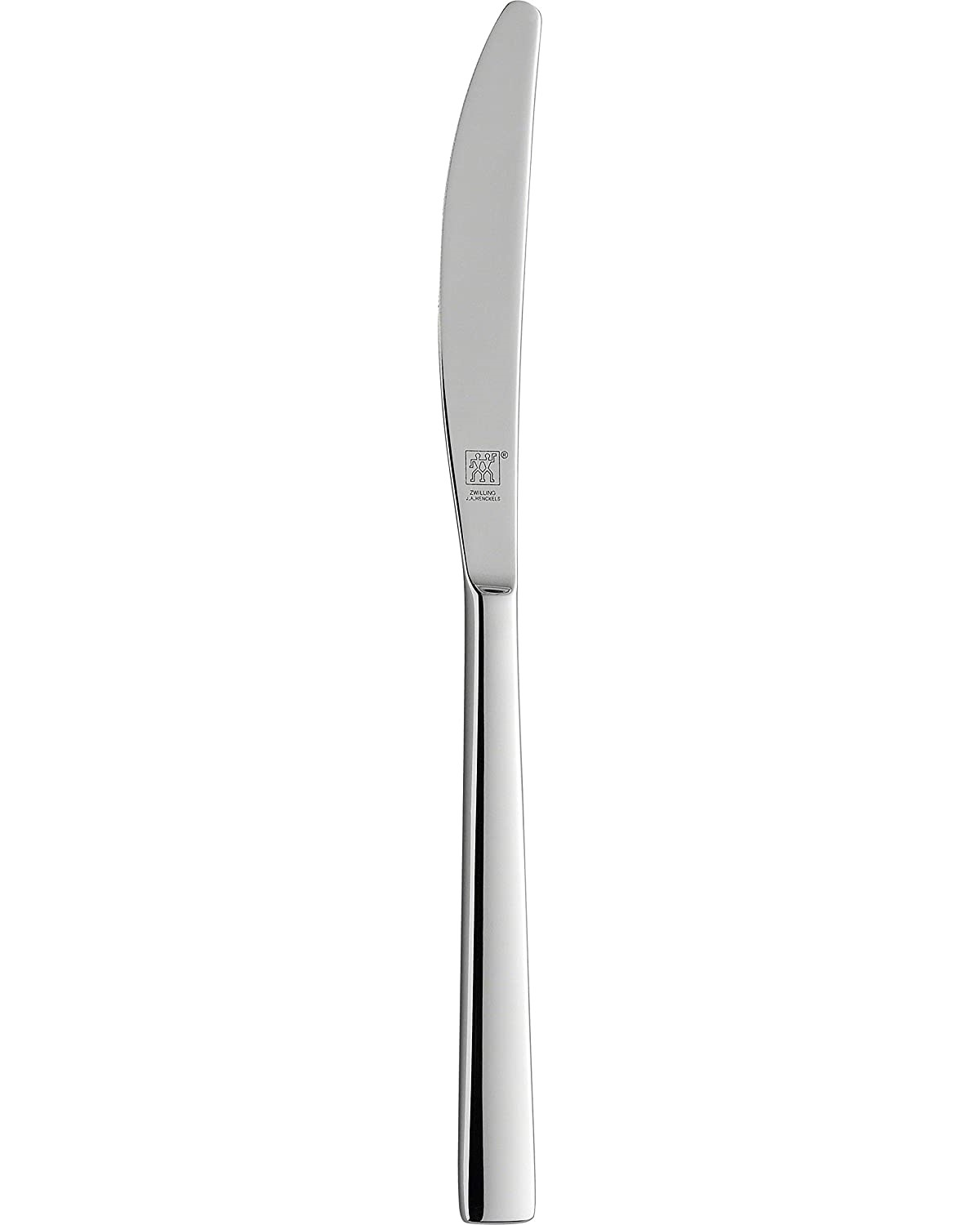 Silbernes Messer mit gebogener Klinge, vor weißem Hintergrund. Schlankes Design.