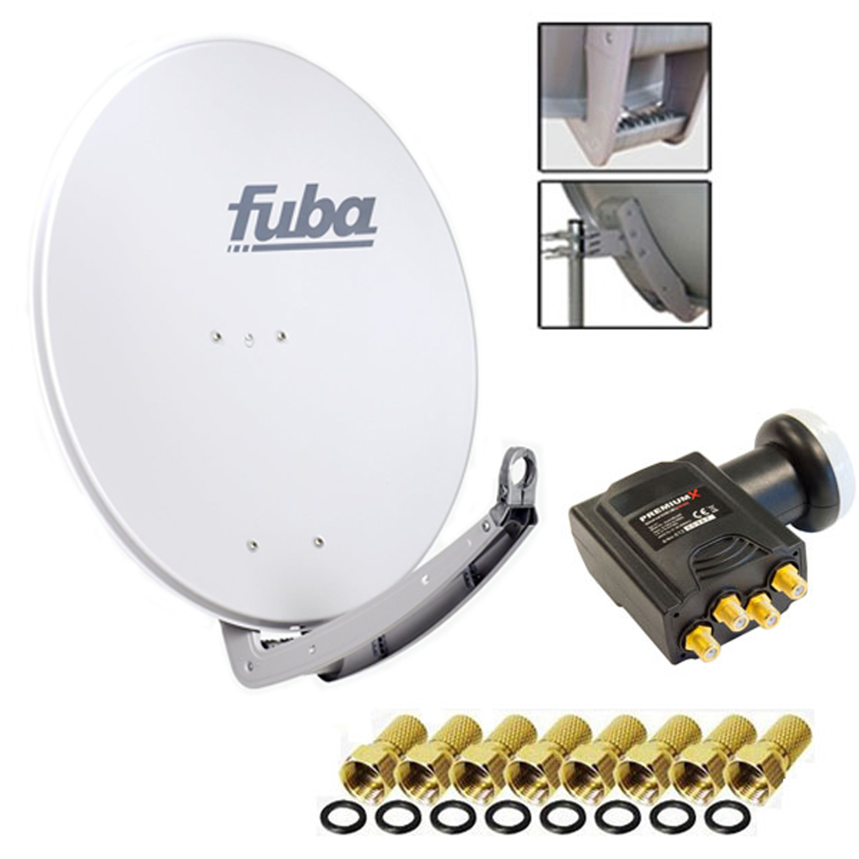 Weiße Satellitenschüssel mit der Marke Fuba. Schwarzer Empfänger und goldene Anschlüsse.