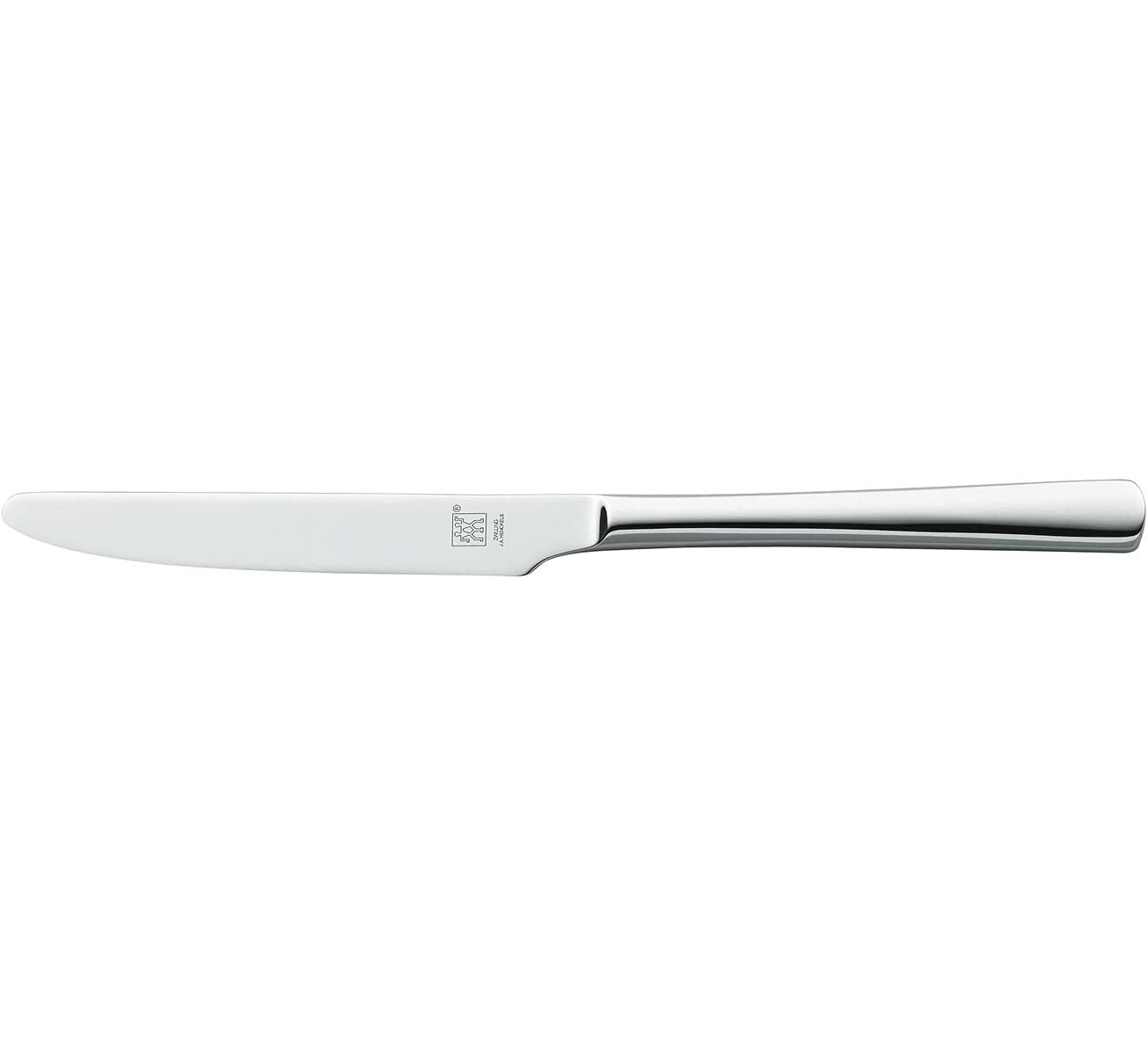 Ein glänzendes, silbernes Messer mit gebogenem Griff, horizontal vor weißem Hintergrund gezeigt.