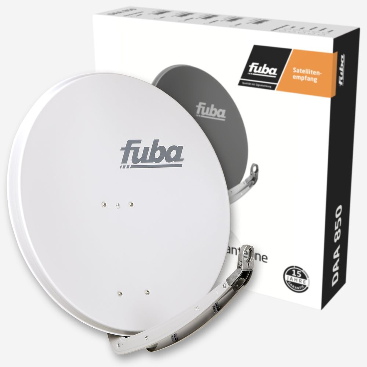 Weiße Satellitenschüssel und eine Box mit Branding und Produktinformationen.