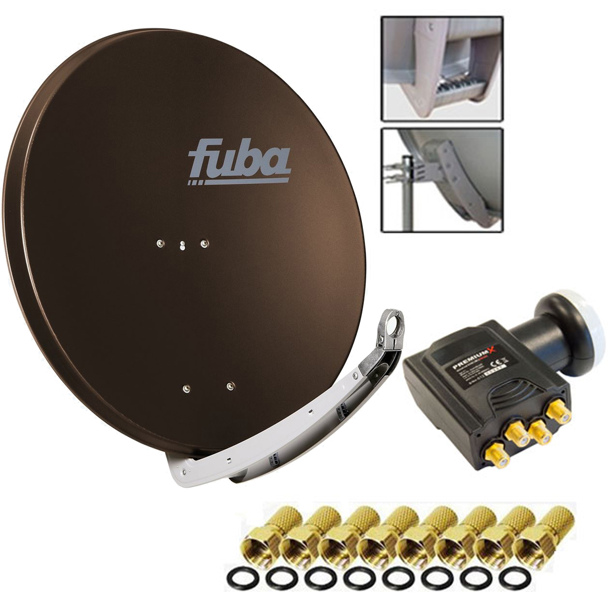 Dunkelbraune Fuba-Satellitenschüssel, ein schwarzer Empfänger mit goldenen und.