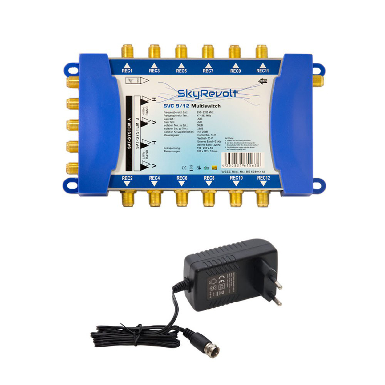 SkyRevolt Multiswitch-Gerät mit Anschlüssen und Netzteil.