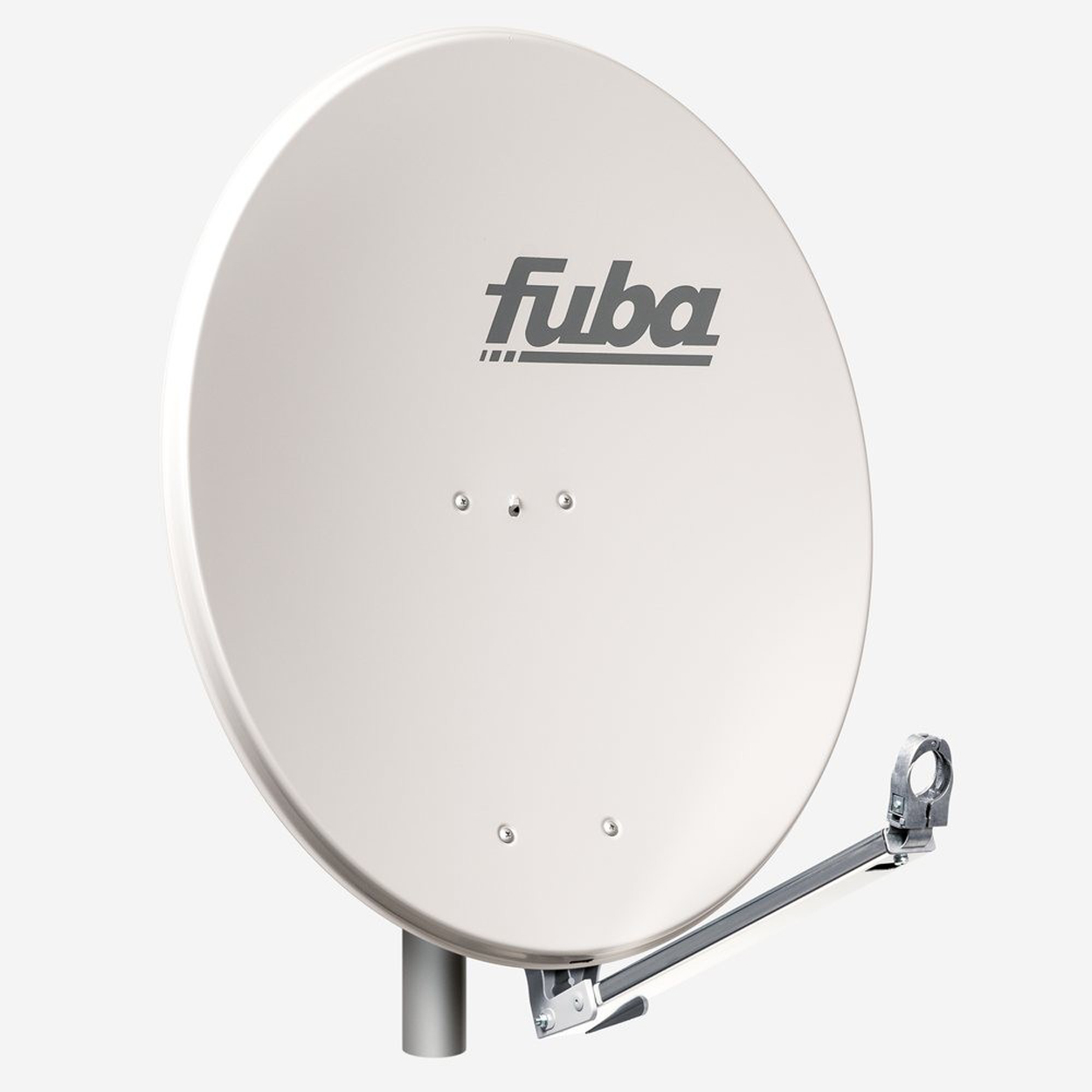 Eine weiße Satellitenschüssel mit 'fuba' Logo und Haltearm vor hellem Hintergrund.