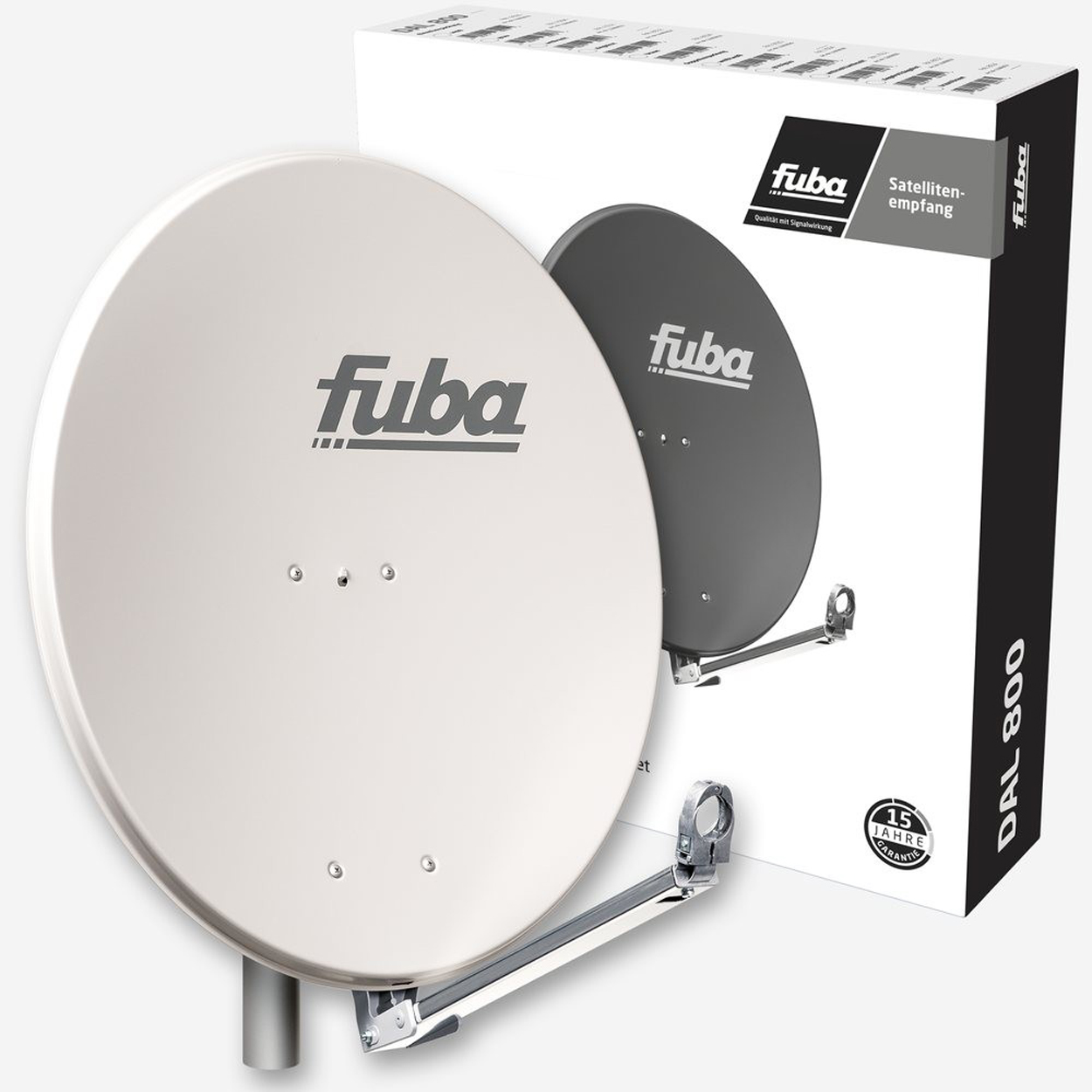 Weiße Satellitenschüssel mit 'fuba'-Logo, Box im Hintergrund, 'DAL 800' auf der Box.