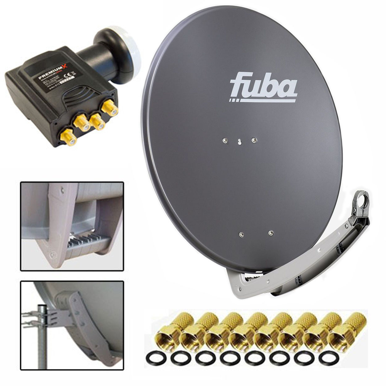 Alu 8x 780 cm LNB) DAA + Antenne (78 0,1 FUBA 74x84 Anthrazit dB Anlage Sat Quad LNB Quad + F-Stecker DELUXE cm,