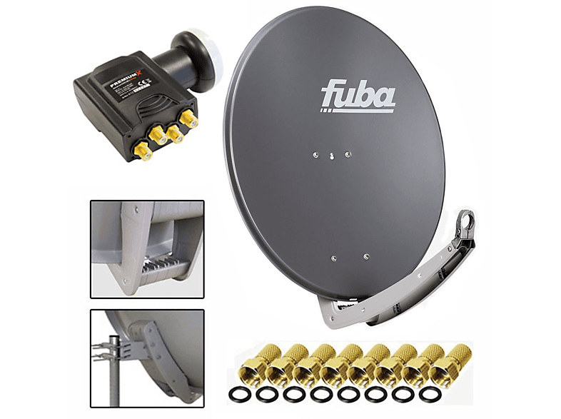 FUBA Antenne 74x84 cm Alu Anthrazit DAA 780 + DELUXE Quad LNB 0,1 dB + 8x F-Stecker Sat Anlage (78 cm, Quad LNB)