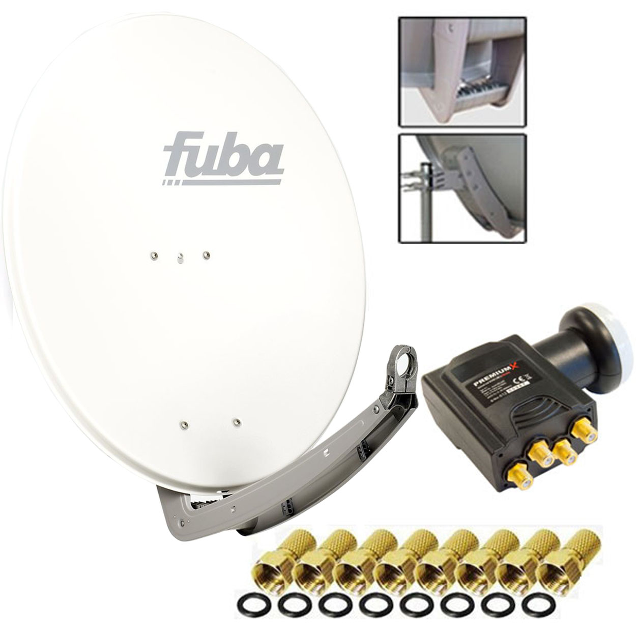 Eine Satellitenschüssel mit Empfänger und Anschlüssen, mit weißer Schüssel und weißem Hintergrund.