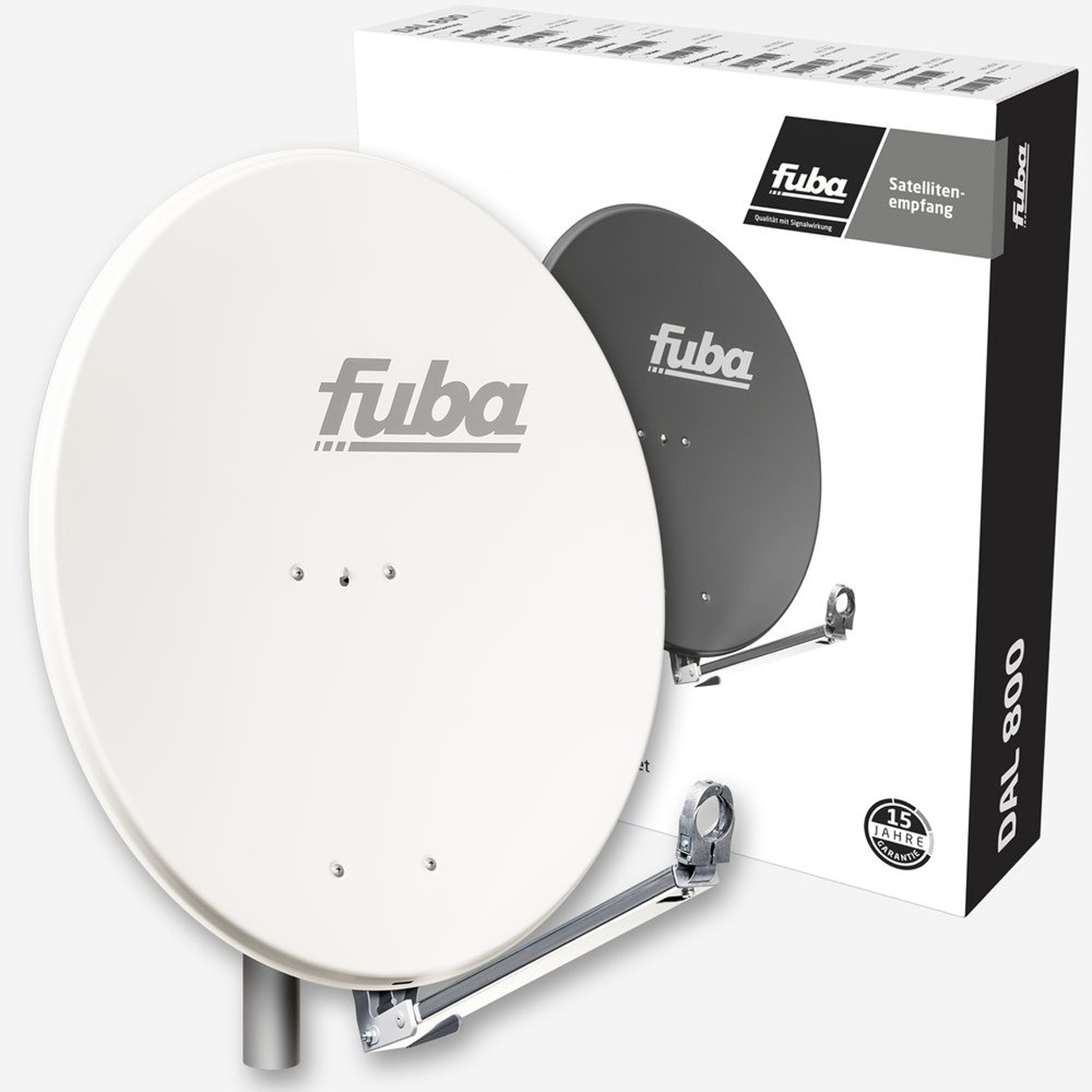 Zwei weiße Satellitenschüsseln, eine montiert, mit einer Box dahinter, mit Produktdetails und Branding.