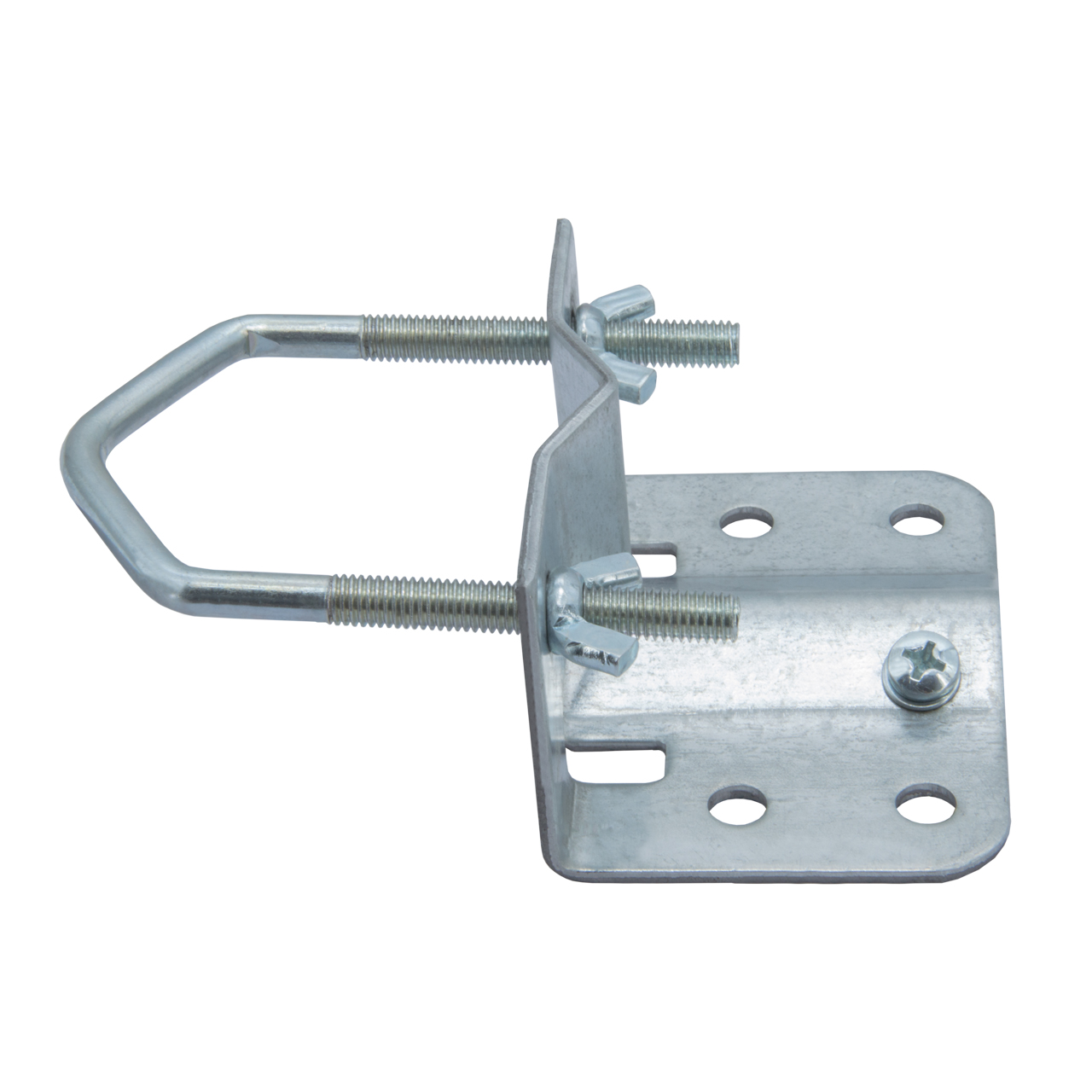 Eine Metallhalterung mit U-förmiger Schraube, Schrauben und Flügelmuttern vor weißem Hintergrund.