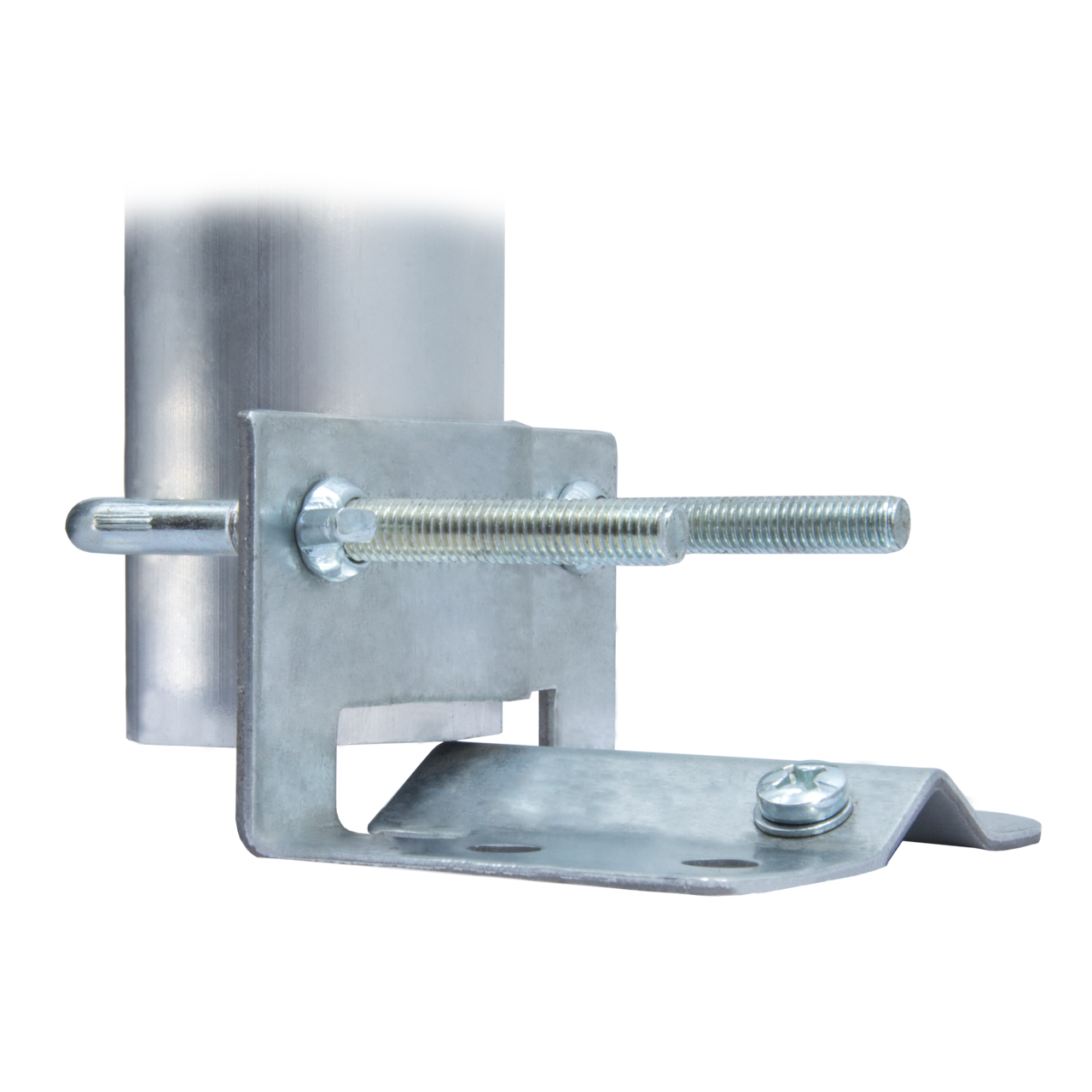 Eine Metallhalterung und Schraube zur Unterstützung einer zylindrischen Struktur, freigestellt.