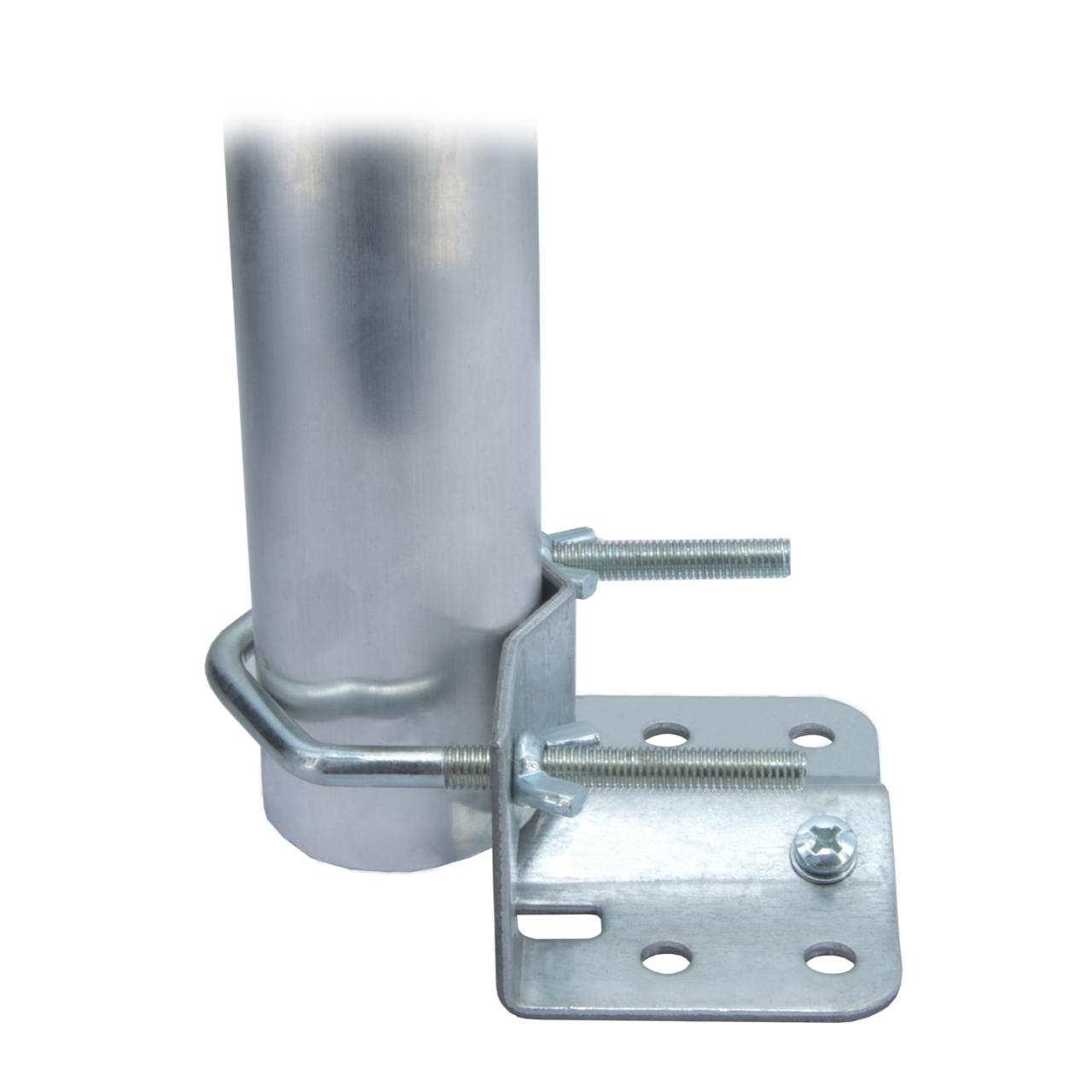 Silberfarbene Metallstange mit angebrachtem Montagematerial. Inklusive Metallhalterung und Schrauben.