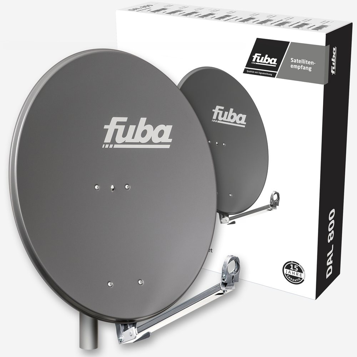 Zwei Satellitenschüsseln und eine Box. Die Schüsseln sind grau und tragen das Wort 'fuba'.
