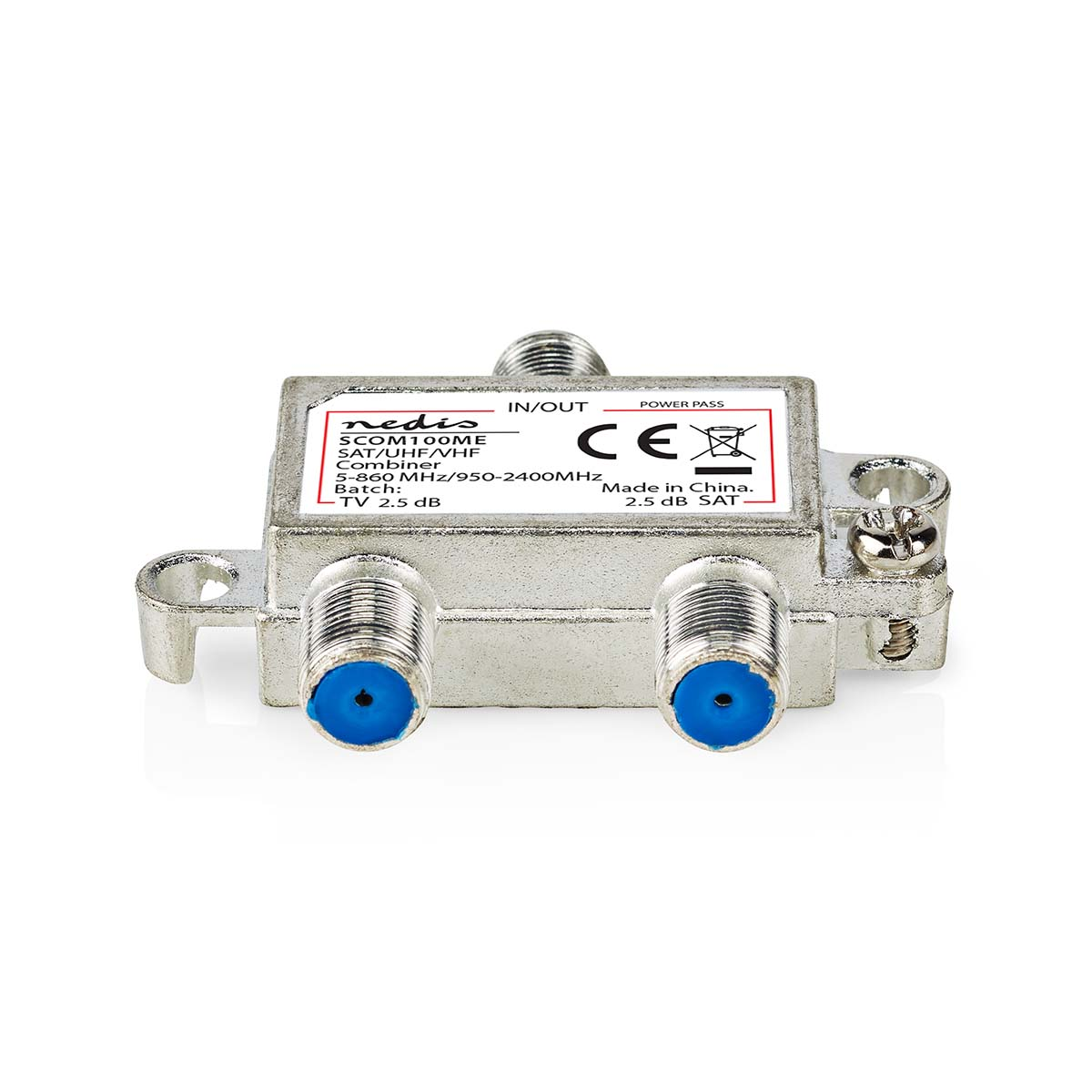 Zilveren en blauwe coaxkabel splitter met connectoren en CE-markering op een witte ondergrond.