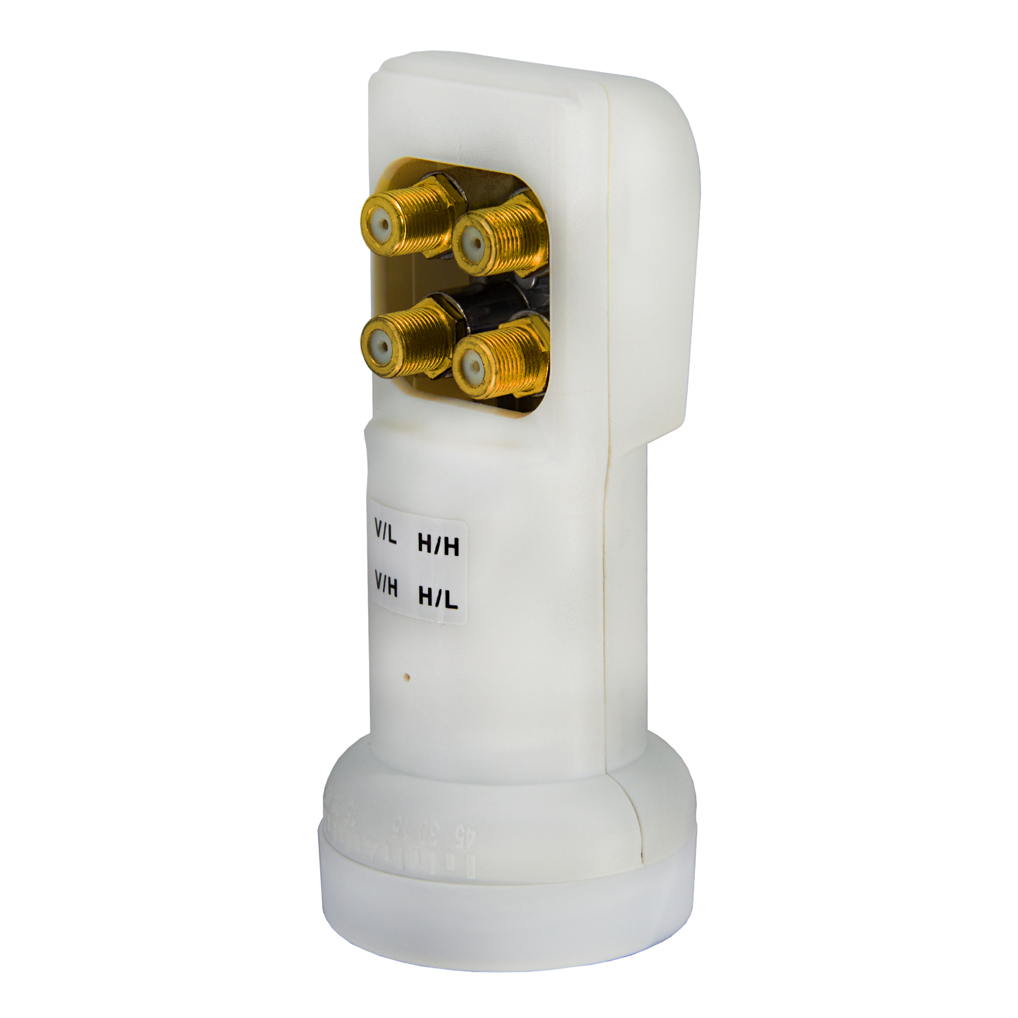 Ein weißer Satellitenempfänger mit mehreren goldfarbenen Anschlüssen. Text sichtbar: V/L H/H, V/H H/L.
