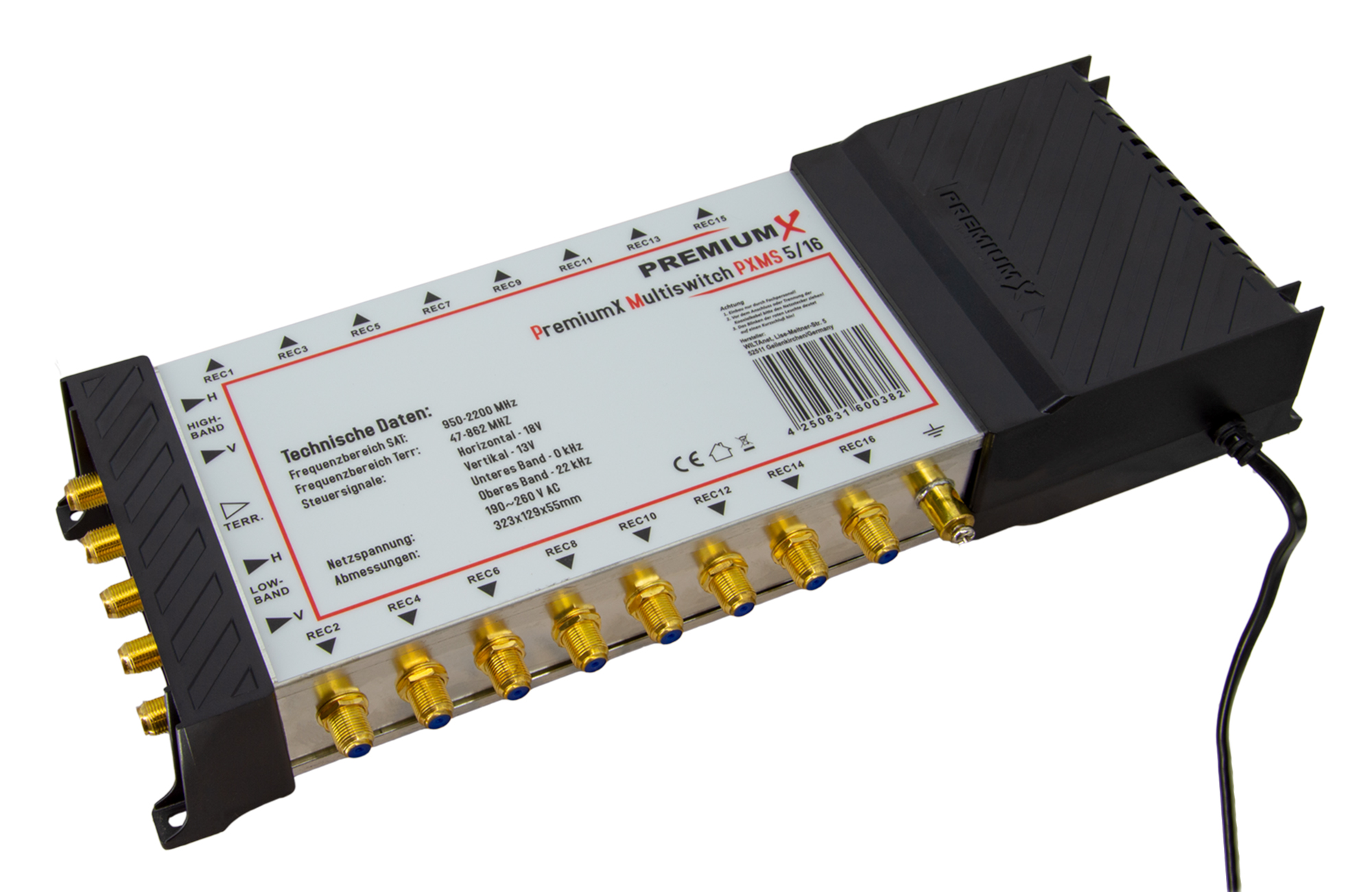 Ein silberfarbener PremiumX Multiswitch mit mehreren Anschlüssen und einem schwarzen Netzteil oben.