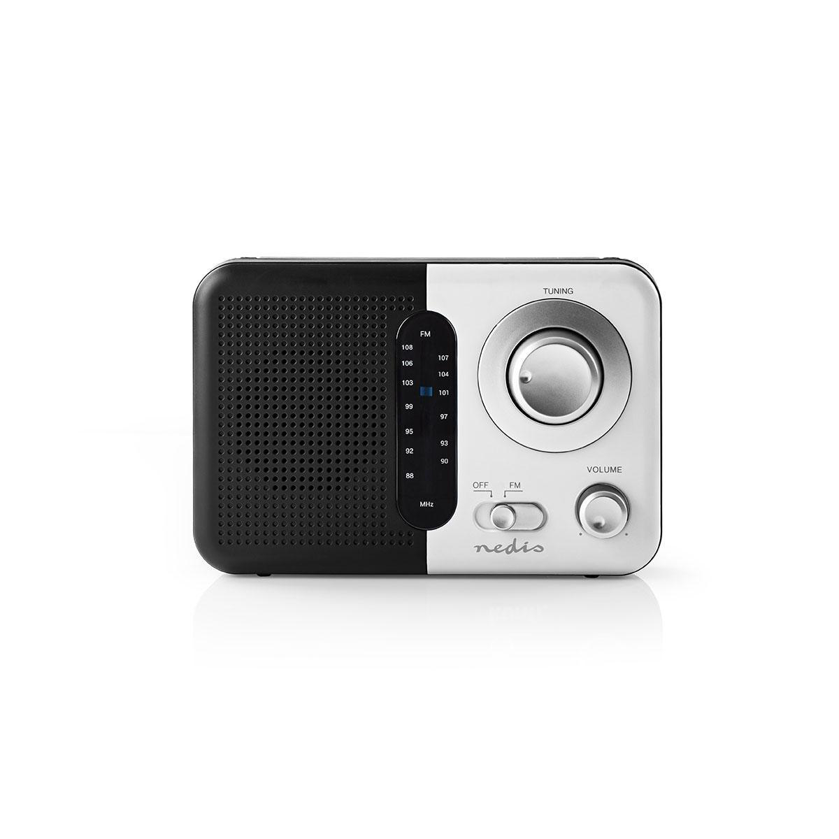 Kleines Radio im Retro-Stil in Schwarz und Silber, mit Abstimmungs- und Lautstärkereglern.