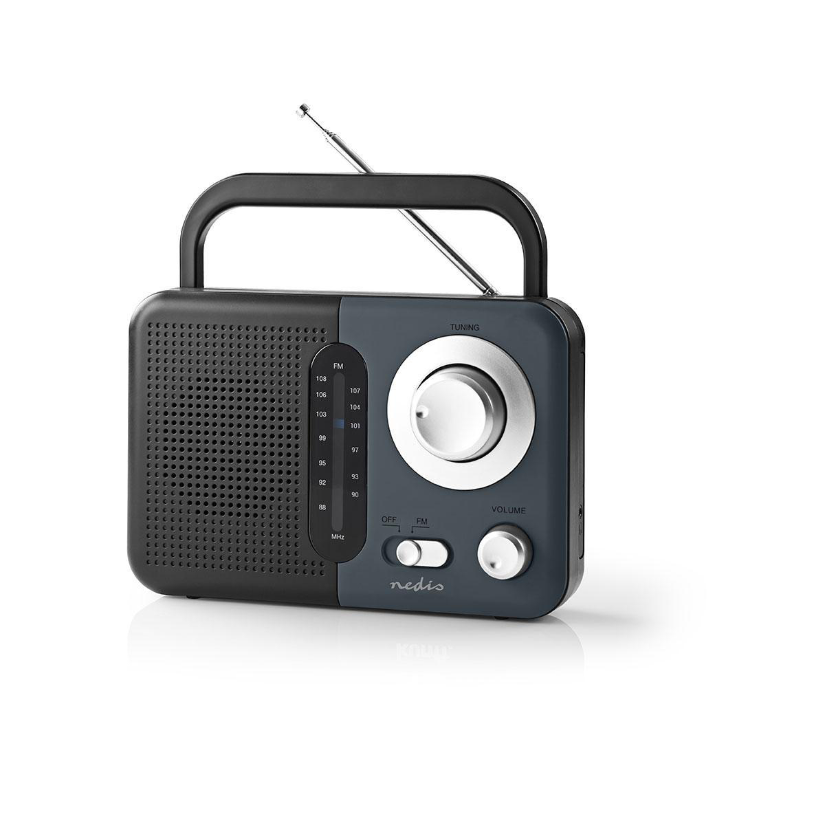 Ein dunkelgraues Radio mit Antenne, Griff und Wahltaste.