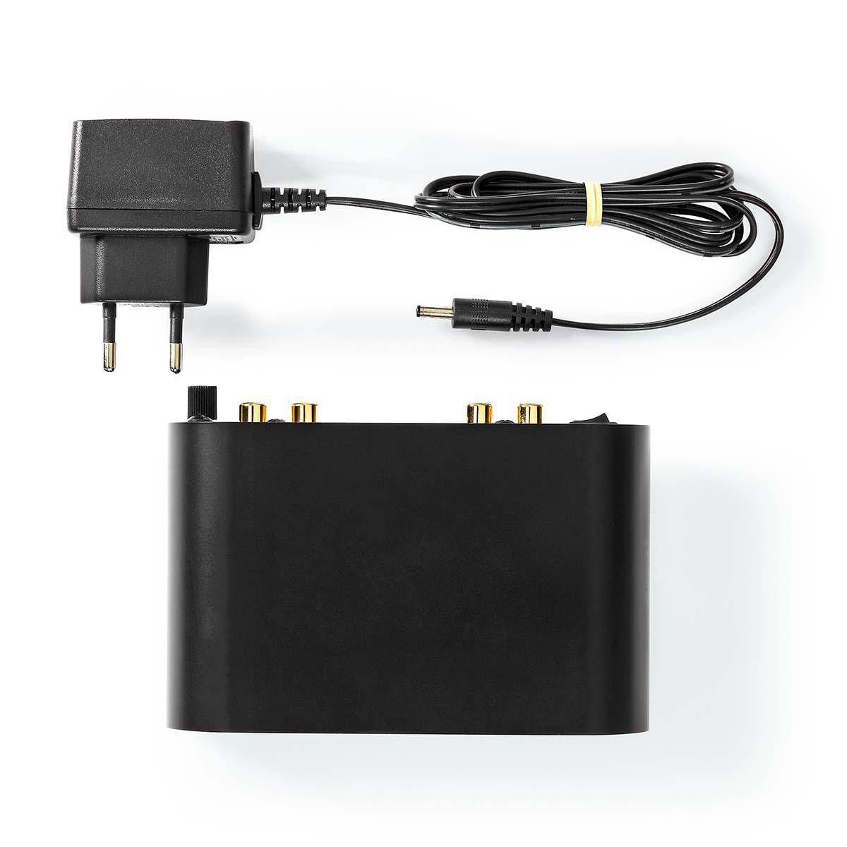 A black device with a power adapter and cables on a white background. Ports are visible.