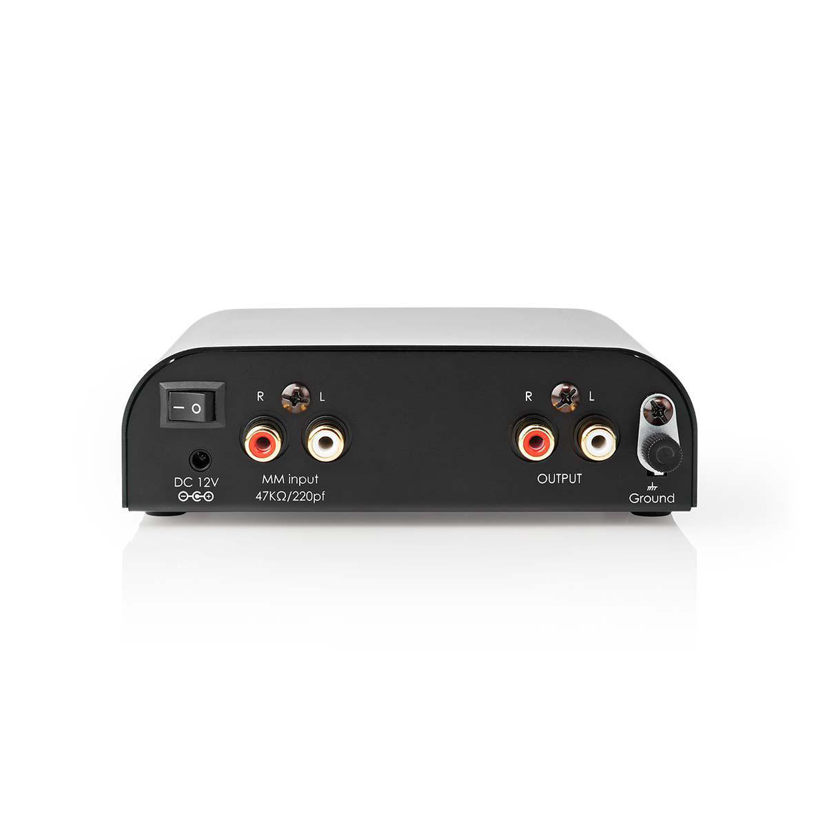 Black audio device with inputs and outputs. The device has buttons and connector ports.