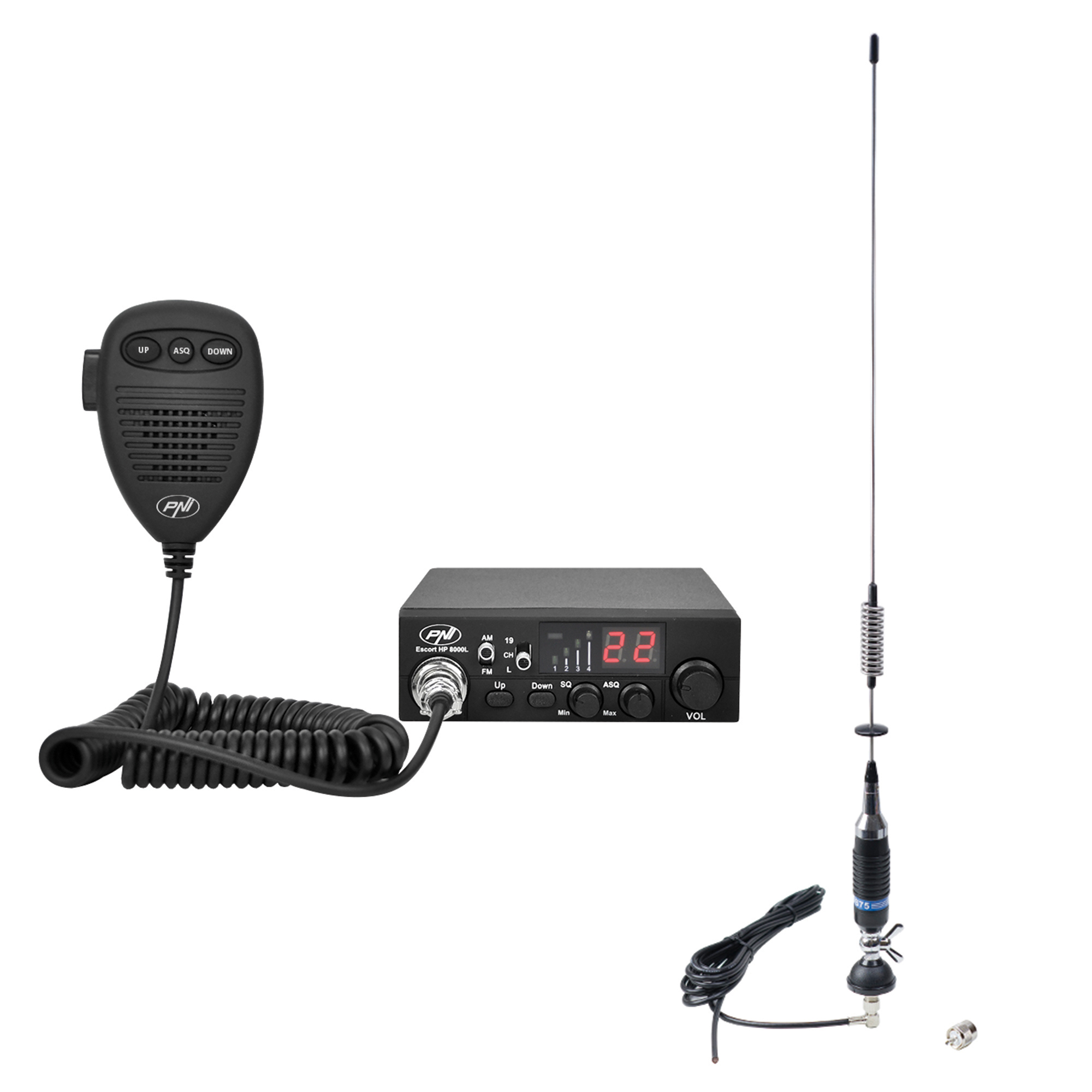 Un set radio CB con microfono, antenna e centralina. Il microfono è nero, a spirale e collegato alla radio.