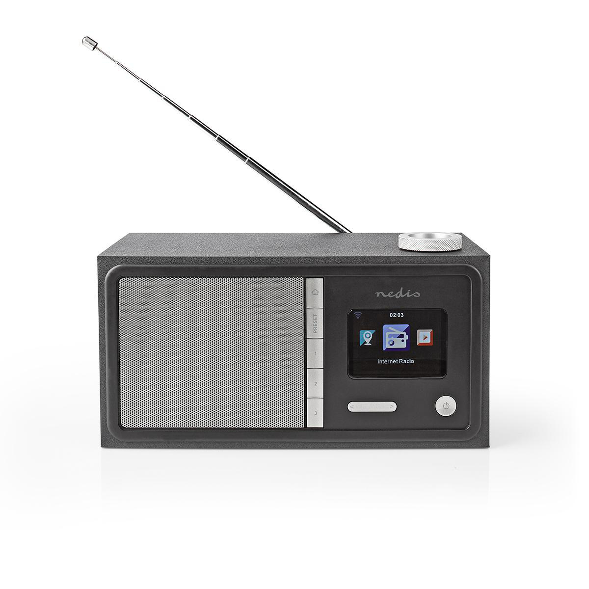 Radio nera con griglia dell'altoparlante argentata e un piccolo display. Ha un'antenna argentata.