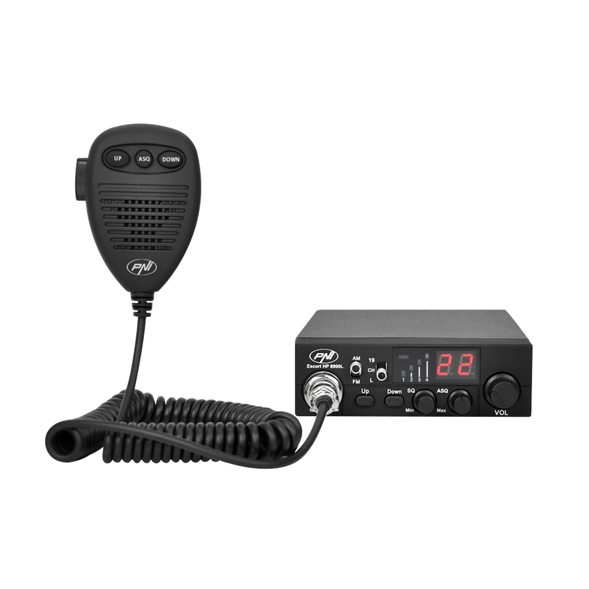 Radio CB nera con microfono. La radio ha un display digitale e pulsanti. Il microfono è collegato con un cavo a spirale.