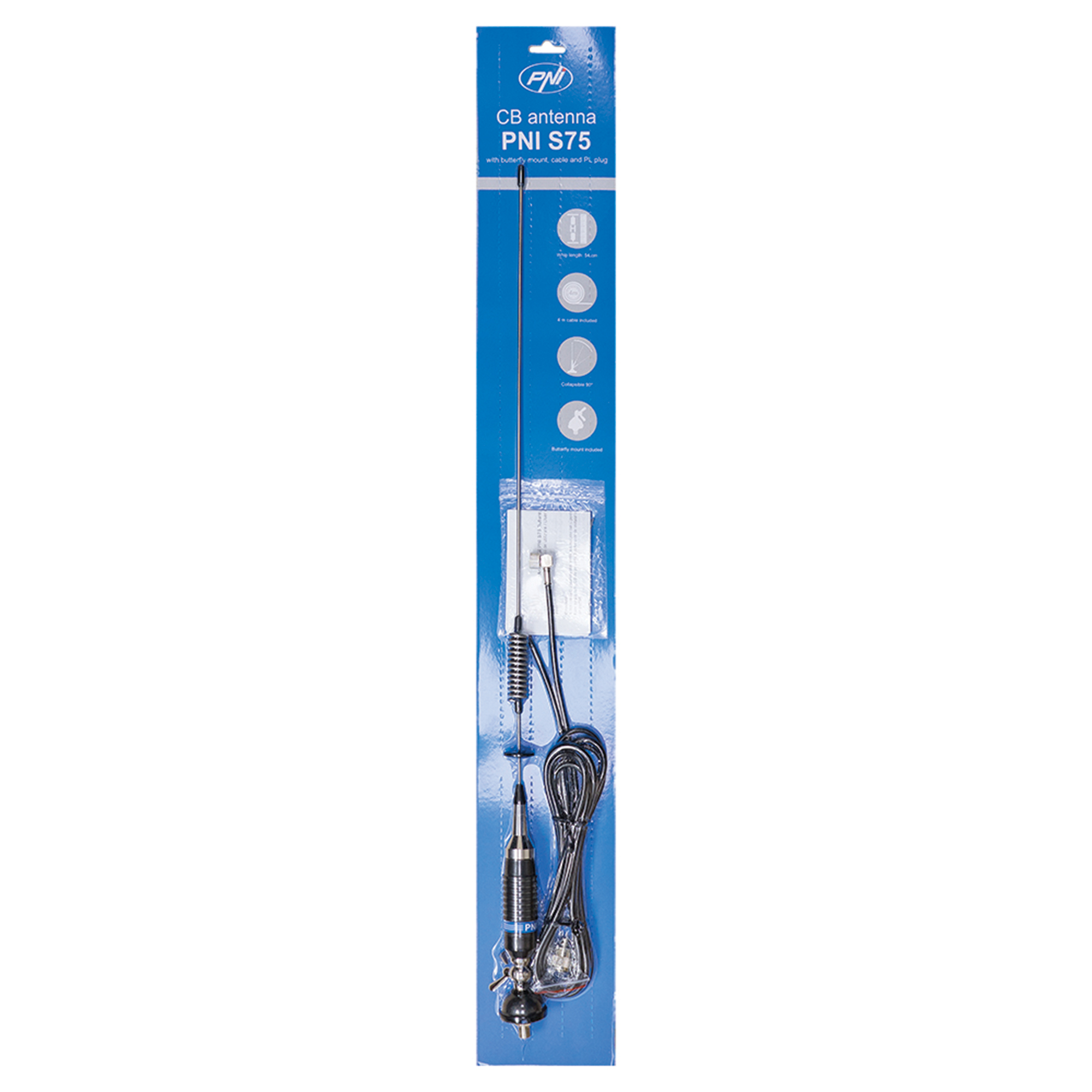 Un pacchetto di antenna CB. Ha un'antenna lunga, un cavo e un supporto, il tutto in un pacchetto blu e bianco.