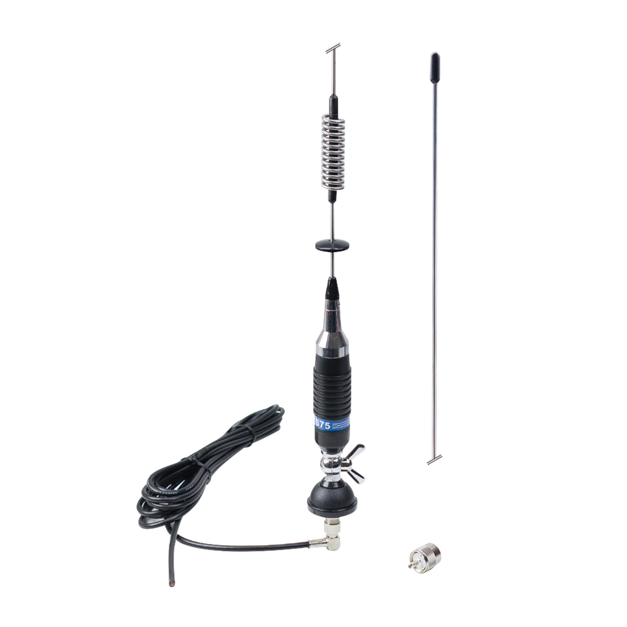 Un'antenna per auto con cavo nero, un'asta metallica lunga, una molla e un piccolo connettore metallico.