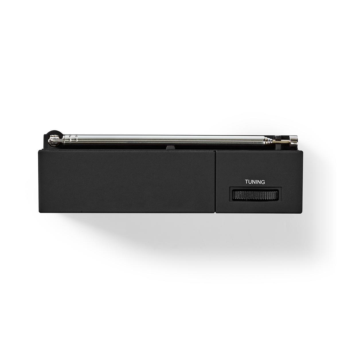 Czarne radio z pokrętłem strojenia i wysuniętą anteną, widok z góry na białym tle.