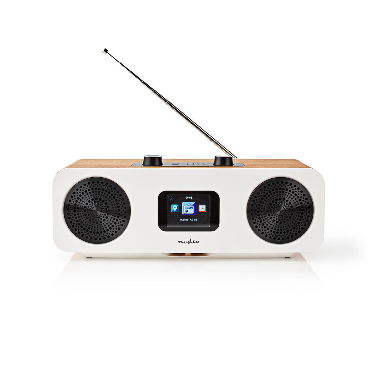 Radio bianca e color legno. Due altoparlanti, antenna in alto, piccolo schermo.