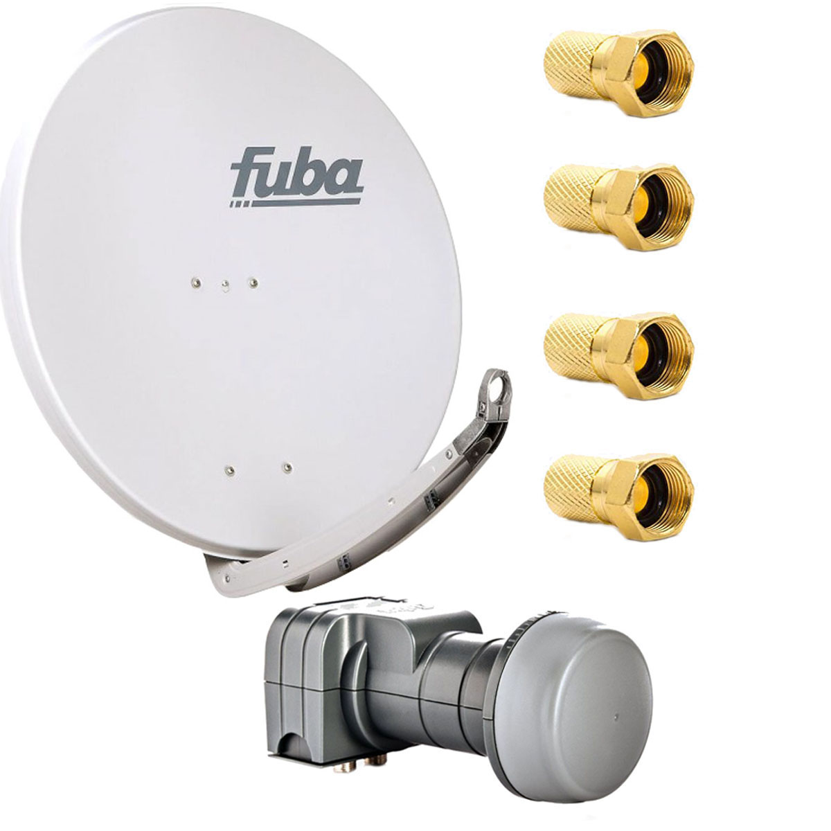Weiße Satellitenschüssel mit grauem LNB und goldenen Anschlüssen auf weißem Hintergrund. Fuba Logo sichtbar.