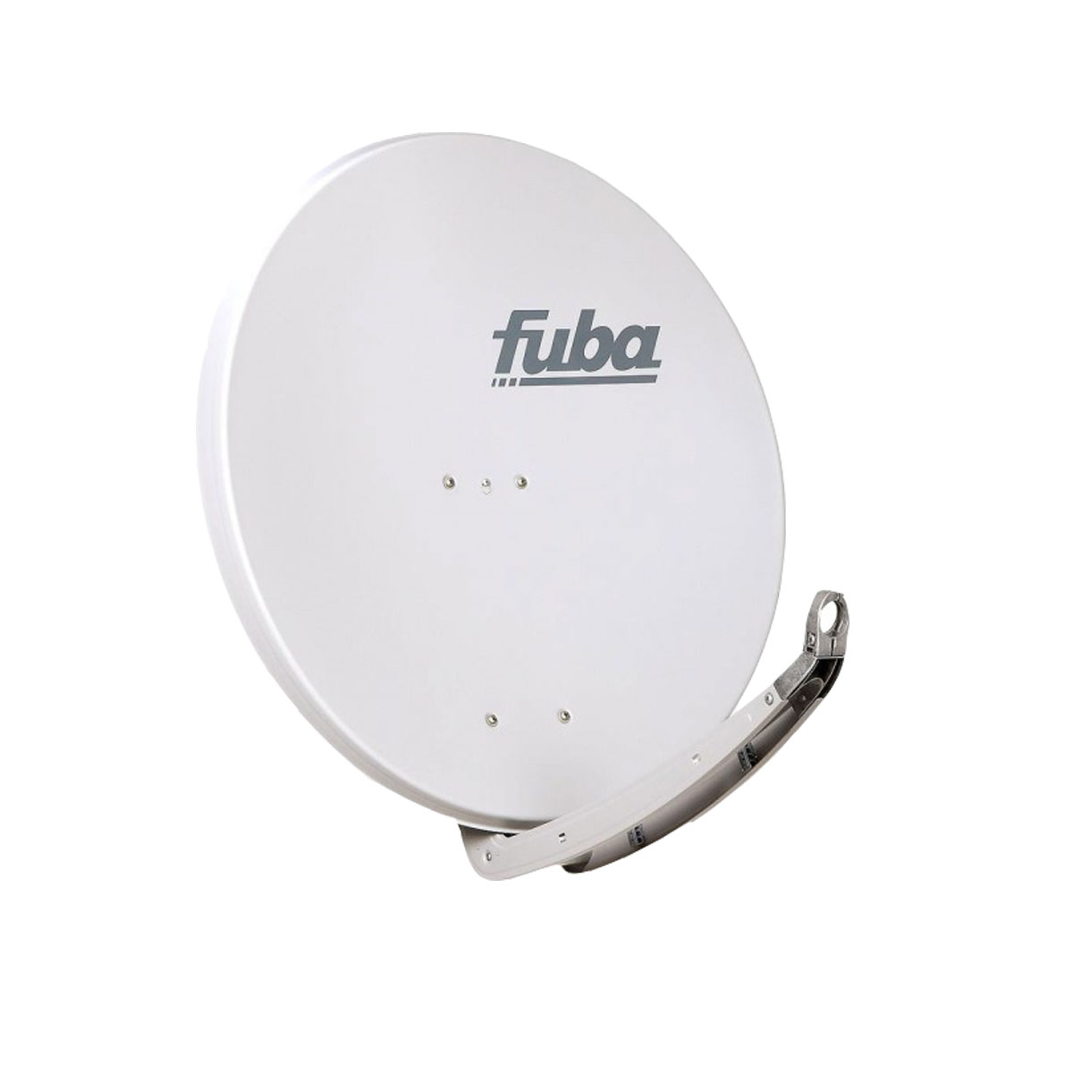 Eine weiße Satellitenschüssel leicht angewinkelt, mit dem Wort 'fuba' in Grau auf der Oberfläche. Weißer Hintergrund.