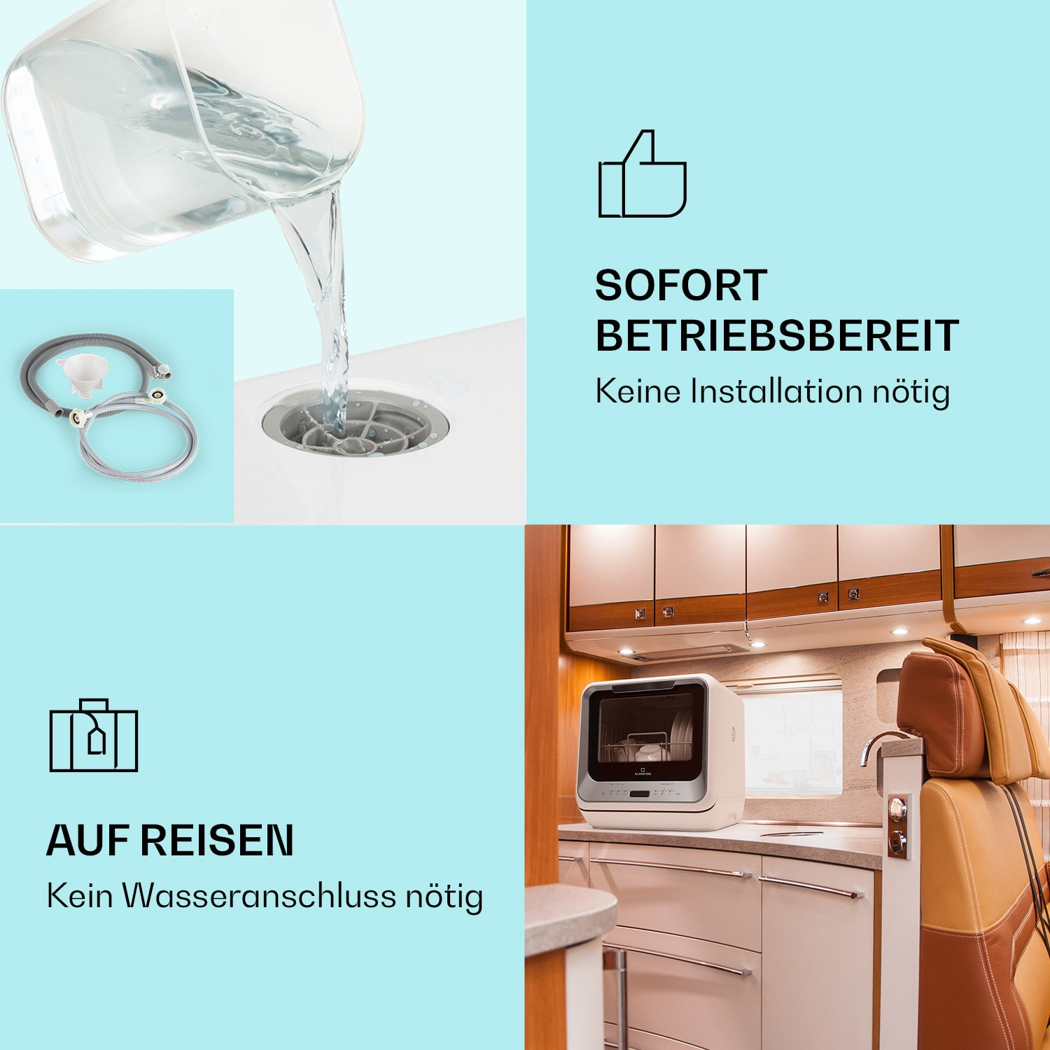 Una escena con el texto 'SOFORT BETRIEBSBEREIT' y 'AUF REISEN', que muestra un vertido de agua y un mini lavavajillas.