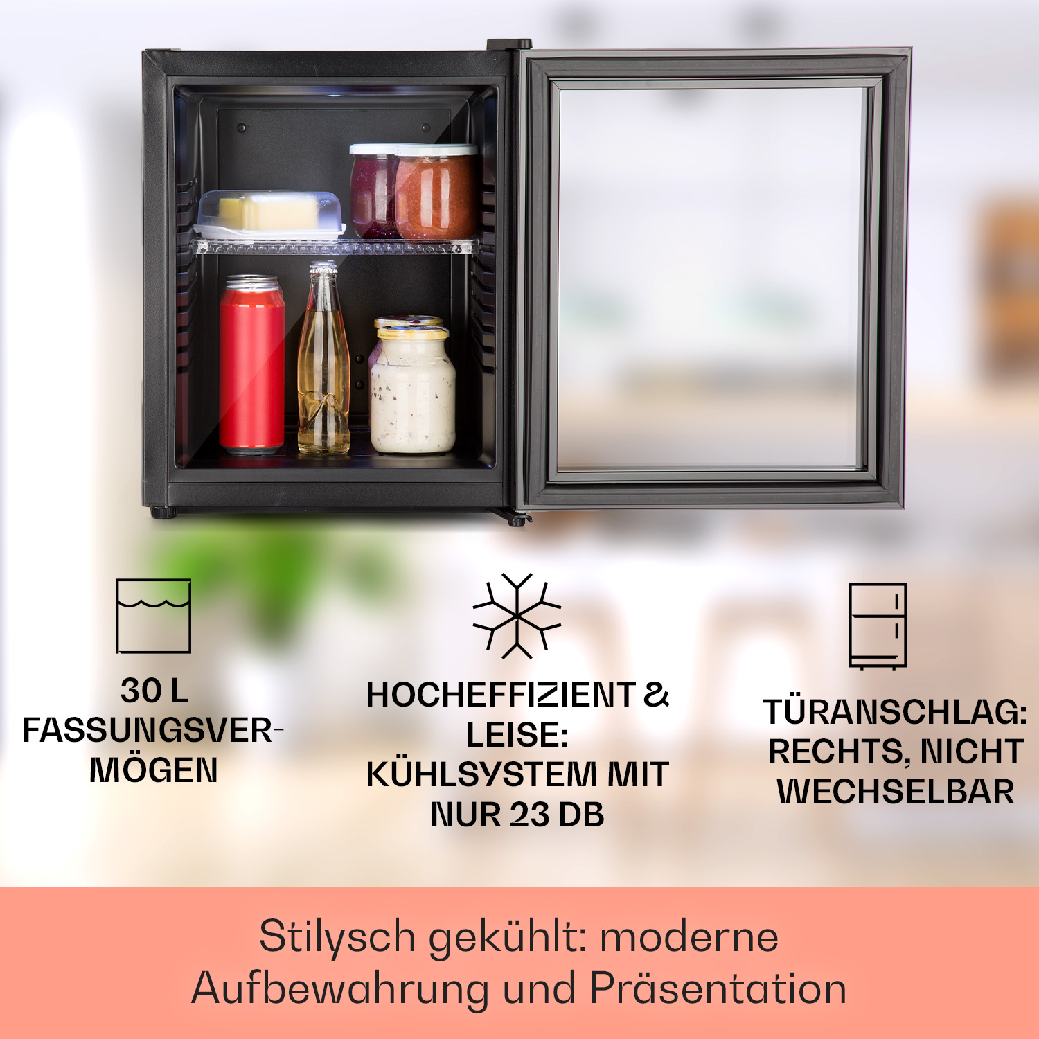 Kleiner Kühlschrank mit Getränken und Essen. Schwarze Tür.