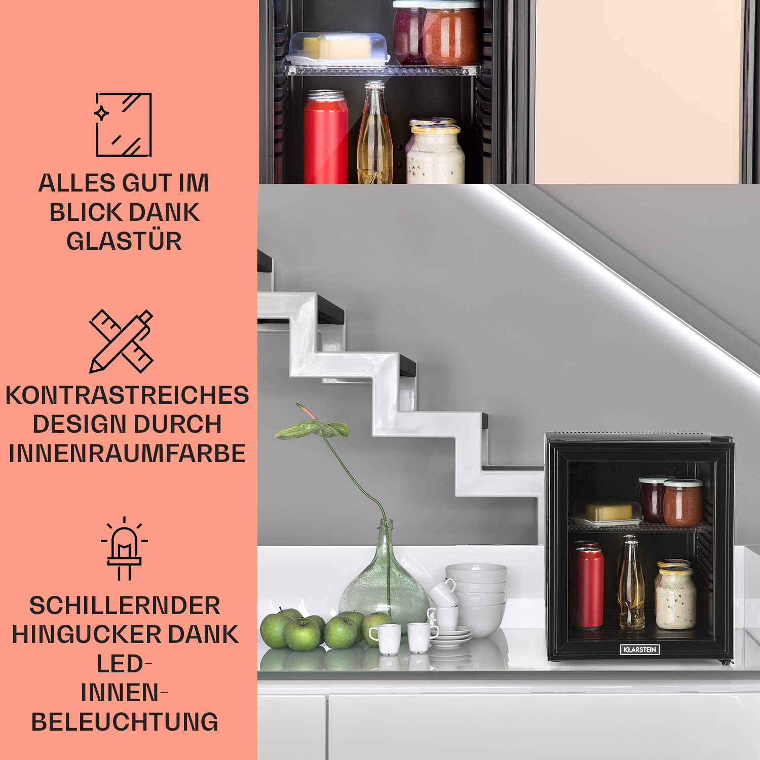 Minikühlschrank mit Artikeln. Texte: Glastür, Kontrastdesign und Innenbeleuchtung.