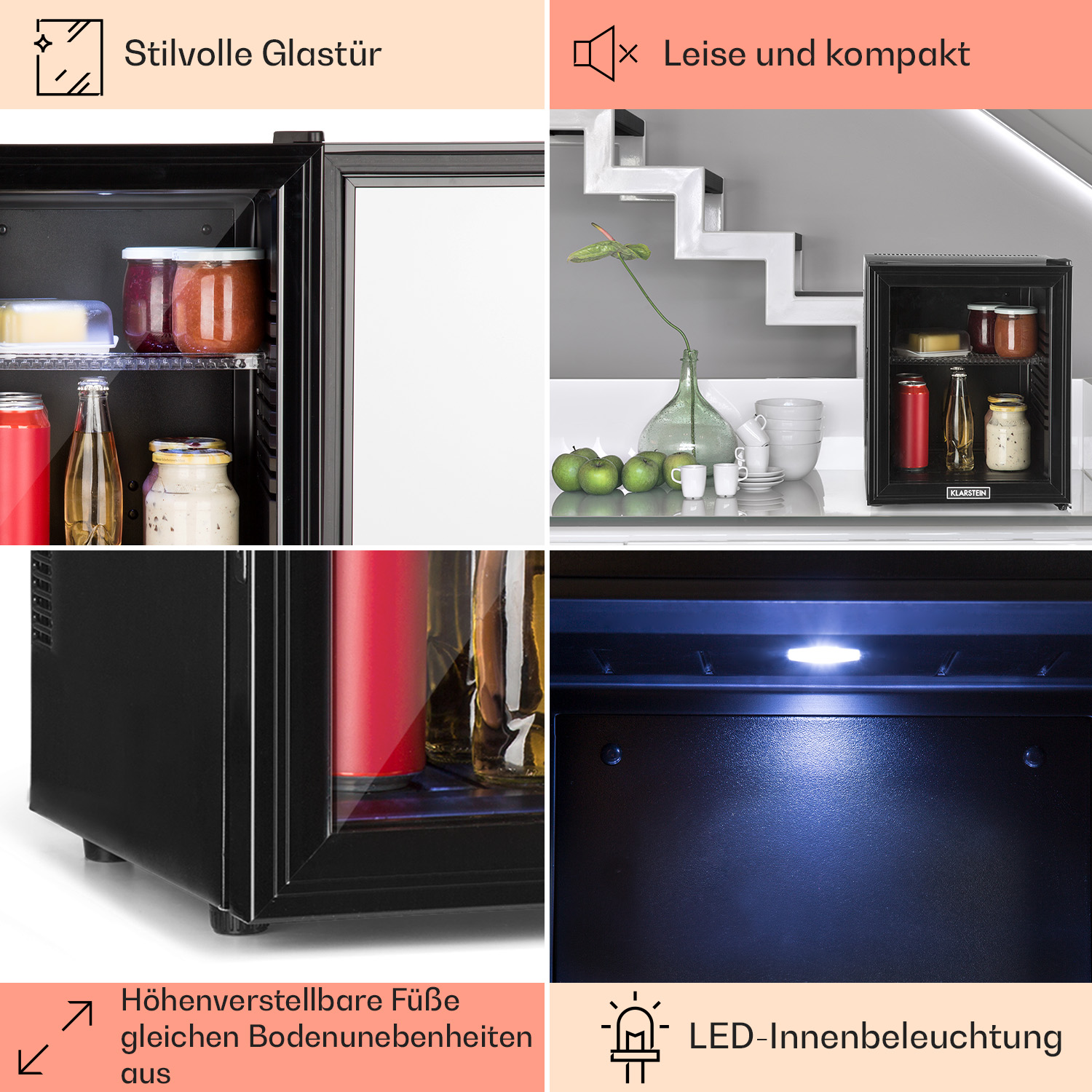 Mehrteiliges Bild zeigt einen kleinen Kühlschrank mit Glastür, gefüllt mit Getränken und Lebensmitteln.