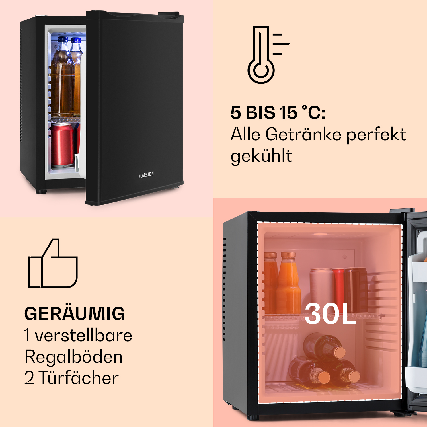 Schwarzer Mini-Kühlschrank mit offener Tür, Getränke zeigend. Texte: Geräumig, 30L, 1 verstellbarer Boden, 2 Türfächer.