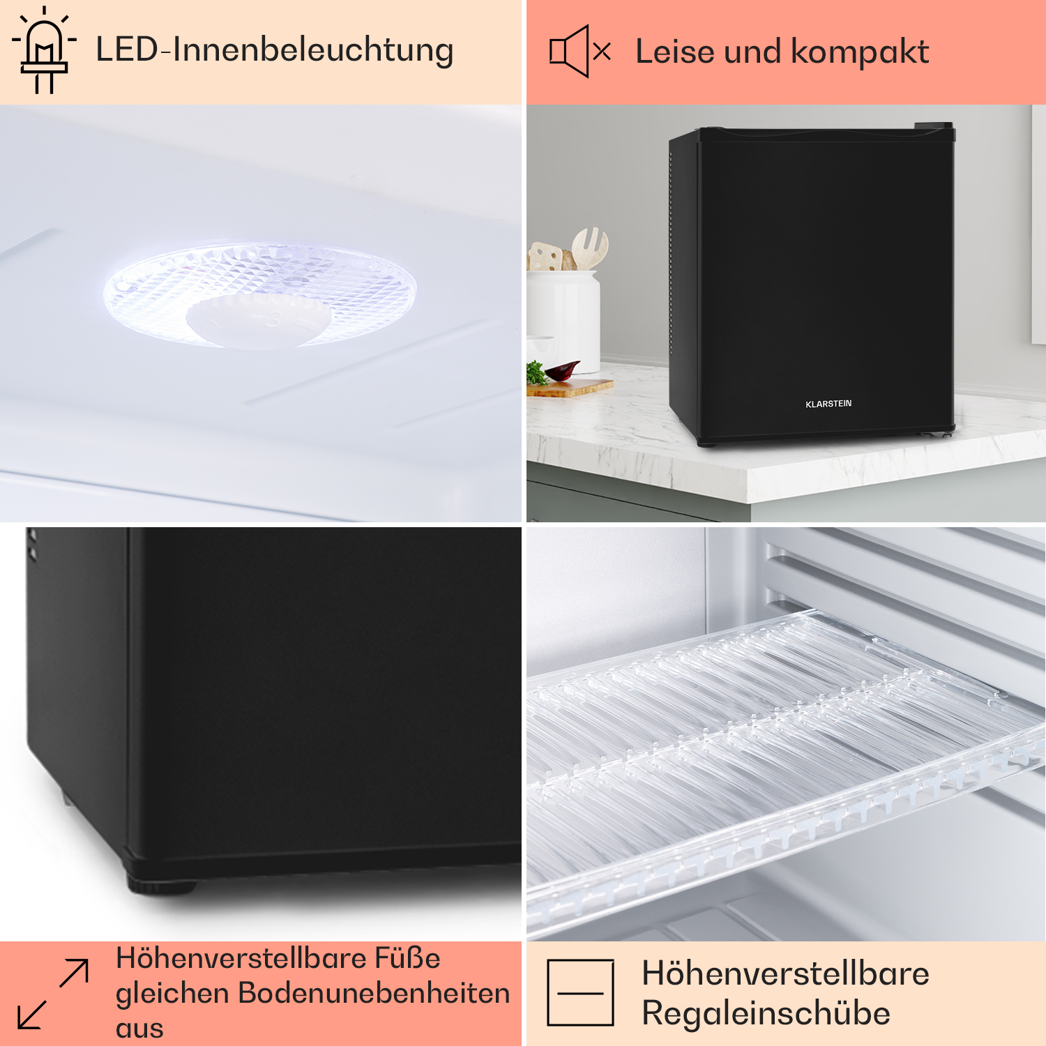 Schwarzer Mini-Kühlschrank mit Innenbeleuchtung, Regal. Text: LED-Beleuchtung, leise. Hintergrund: Küchenzeile.