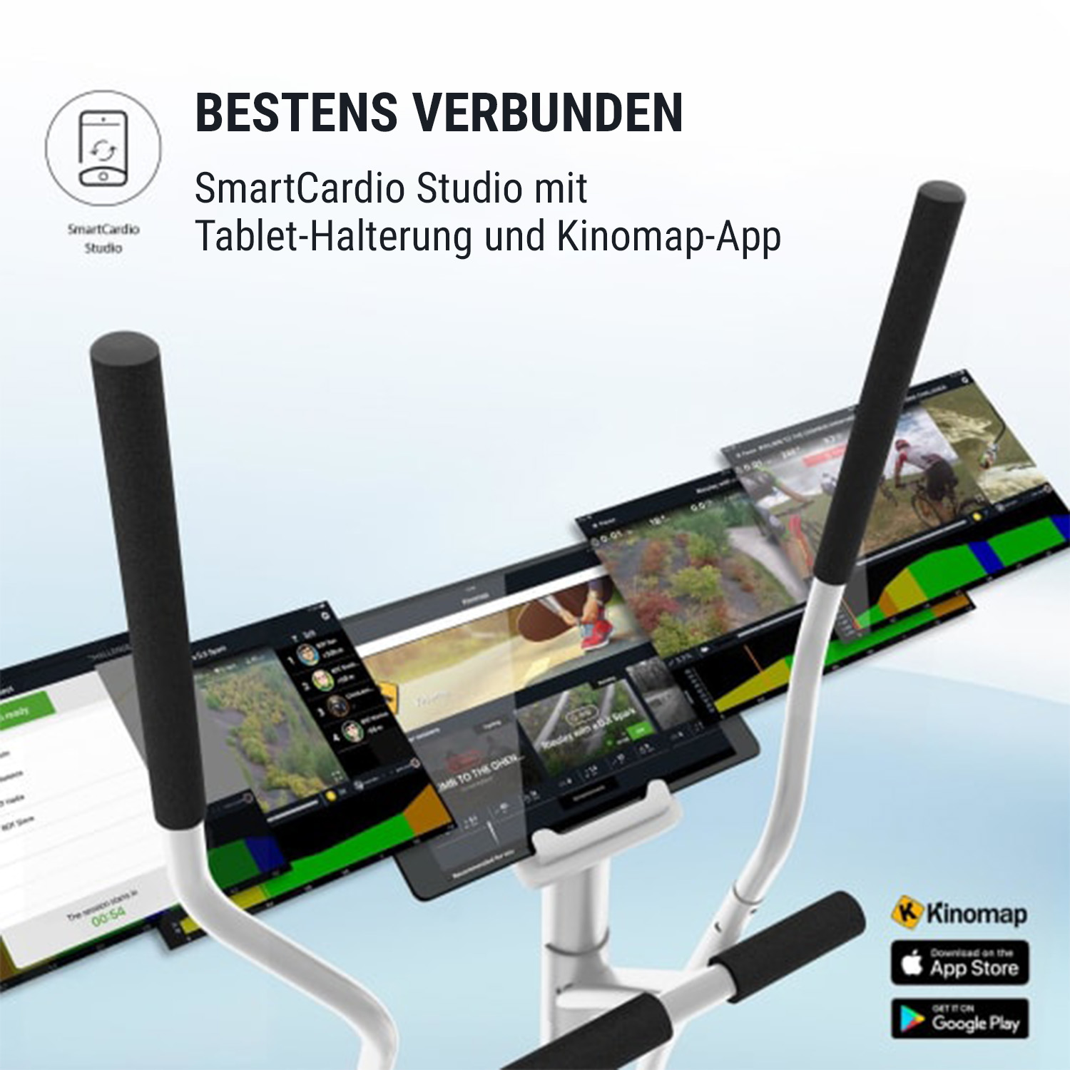Ein Trainingsfahrrad mit Griffen und ein Tablet-Display mit Trainingsvideos. Text: 'BESTENS VERBUNDEN'.