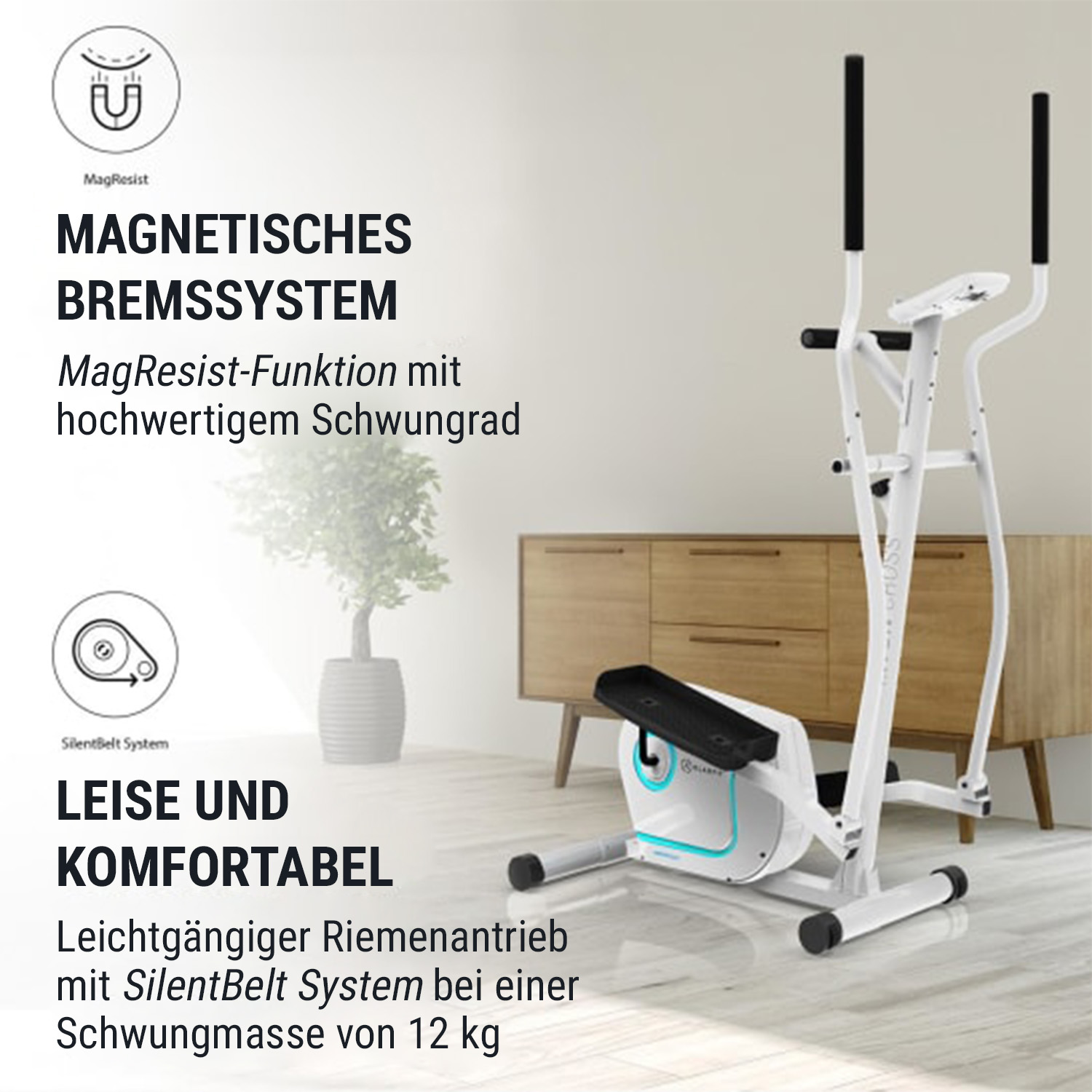Ein Trainingsgerät mit magnetischem Bremssystem, das als leise und komfortabel beschrieben wird.