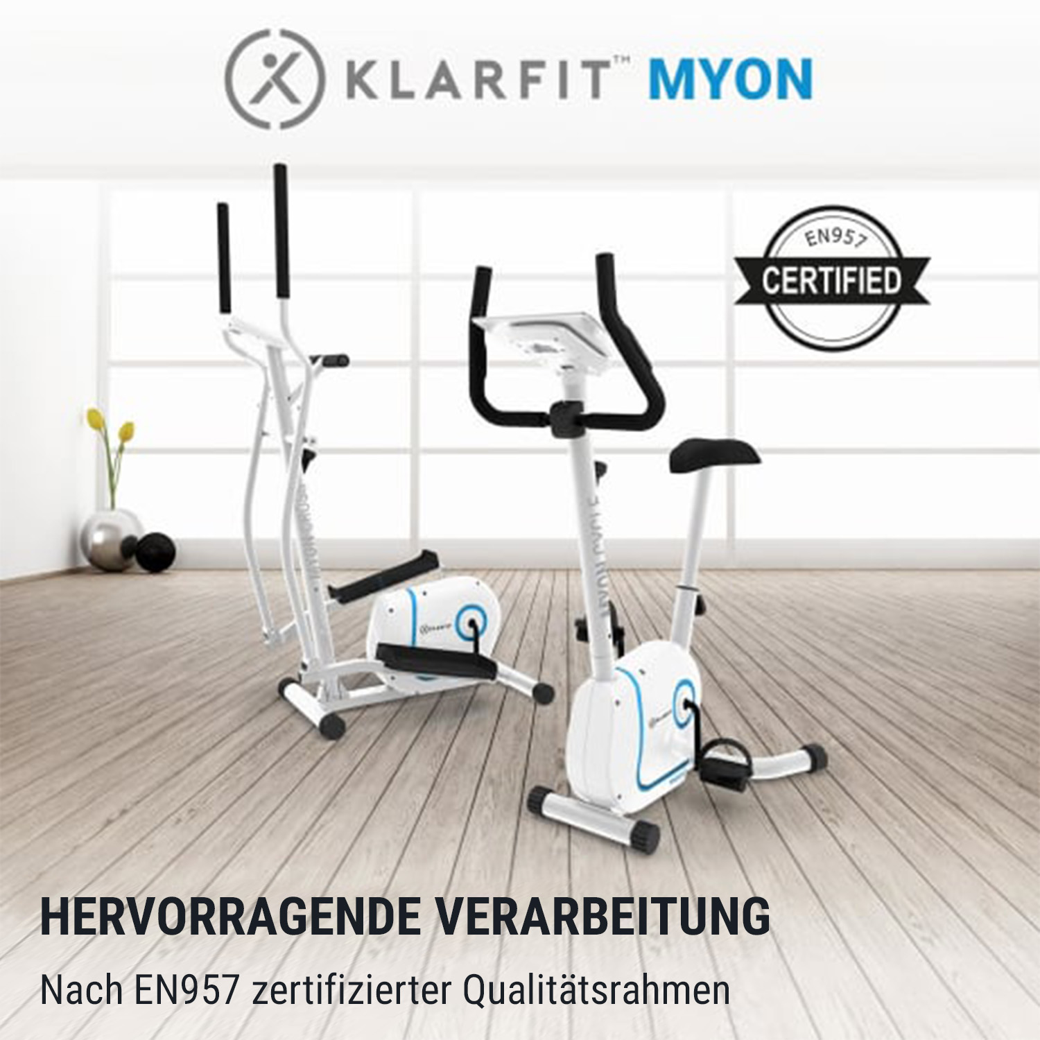 Ellipsen- und Heimtrainer in einem Raum mit Text über Qualität und Zertifizierung.