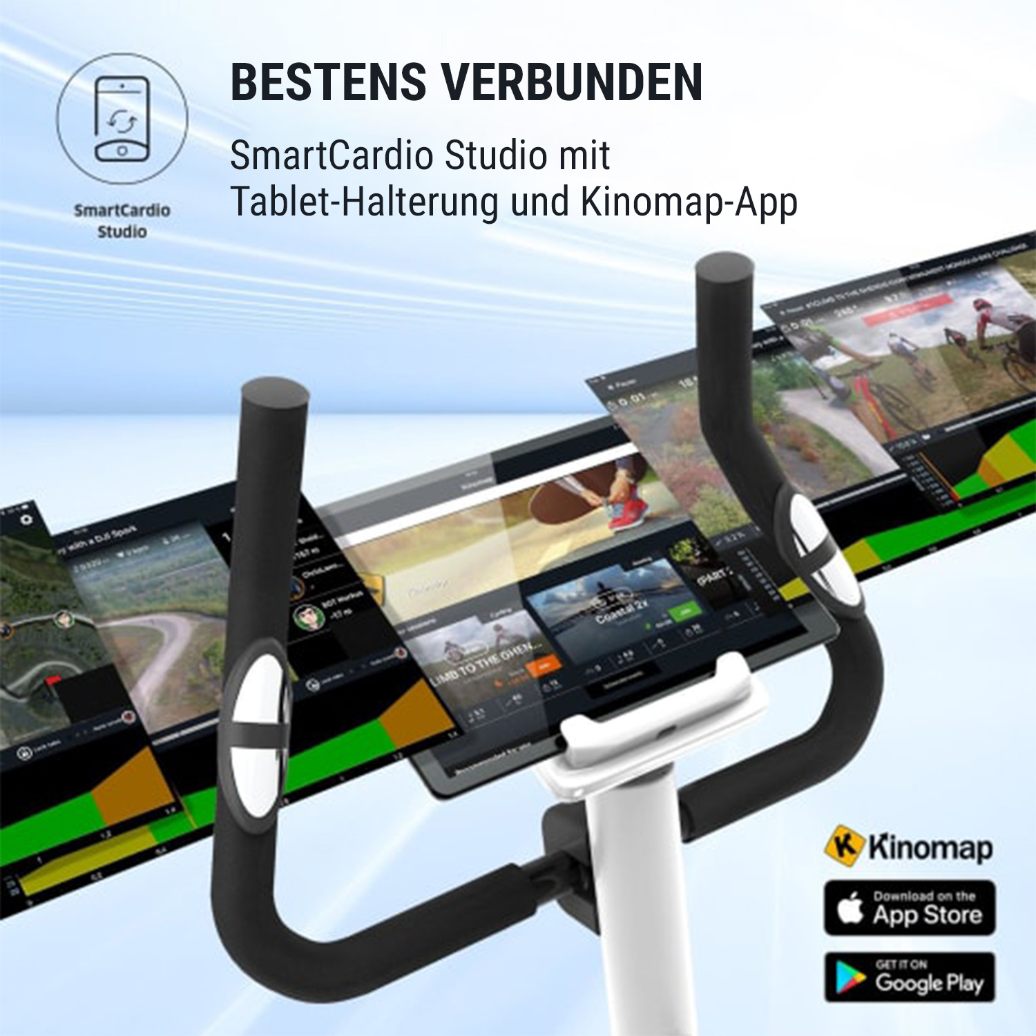 Heimtrainer mit Tablethalterung. Tablet zeigt Fitness-App. Schwarzer Rahmen, weiße Griffe.