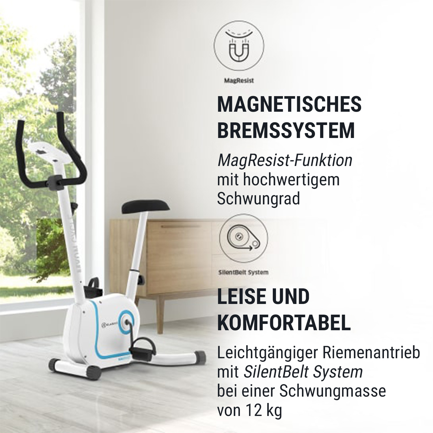Weißes Trainingsrad mit Text und Schrank im Hintergrund, in der Nähe eines Fensters. Text auf Deutsch.