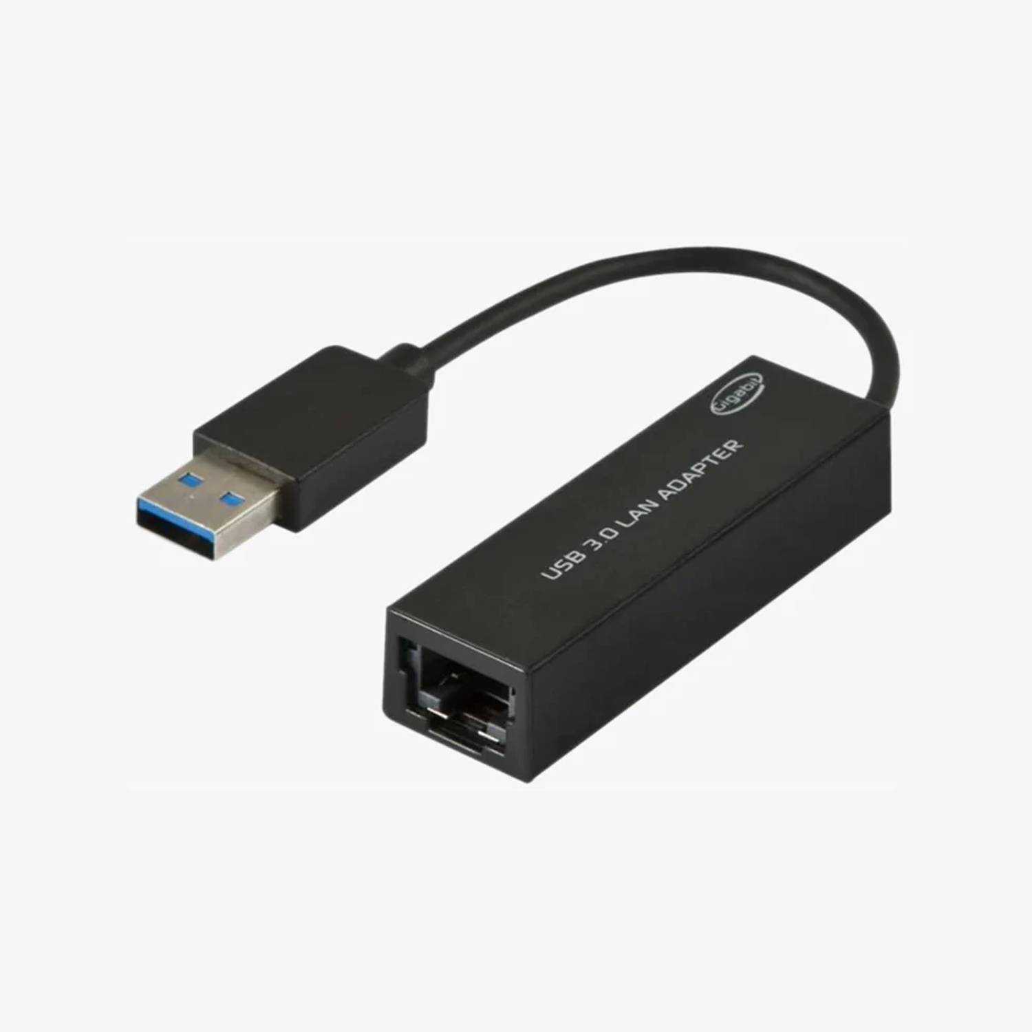 Schwarzer USB 3.0 LAN-Adapter mit USB-Anschluss und Ethernet-Port.