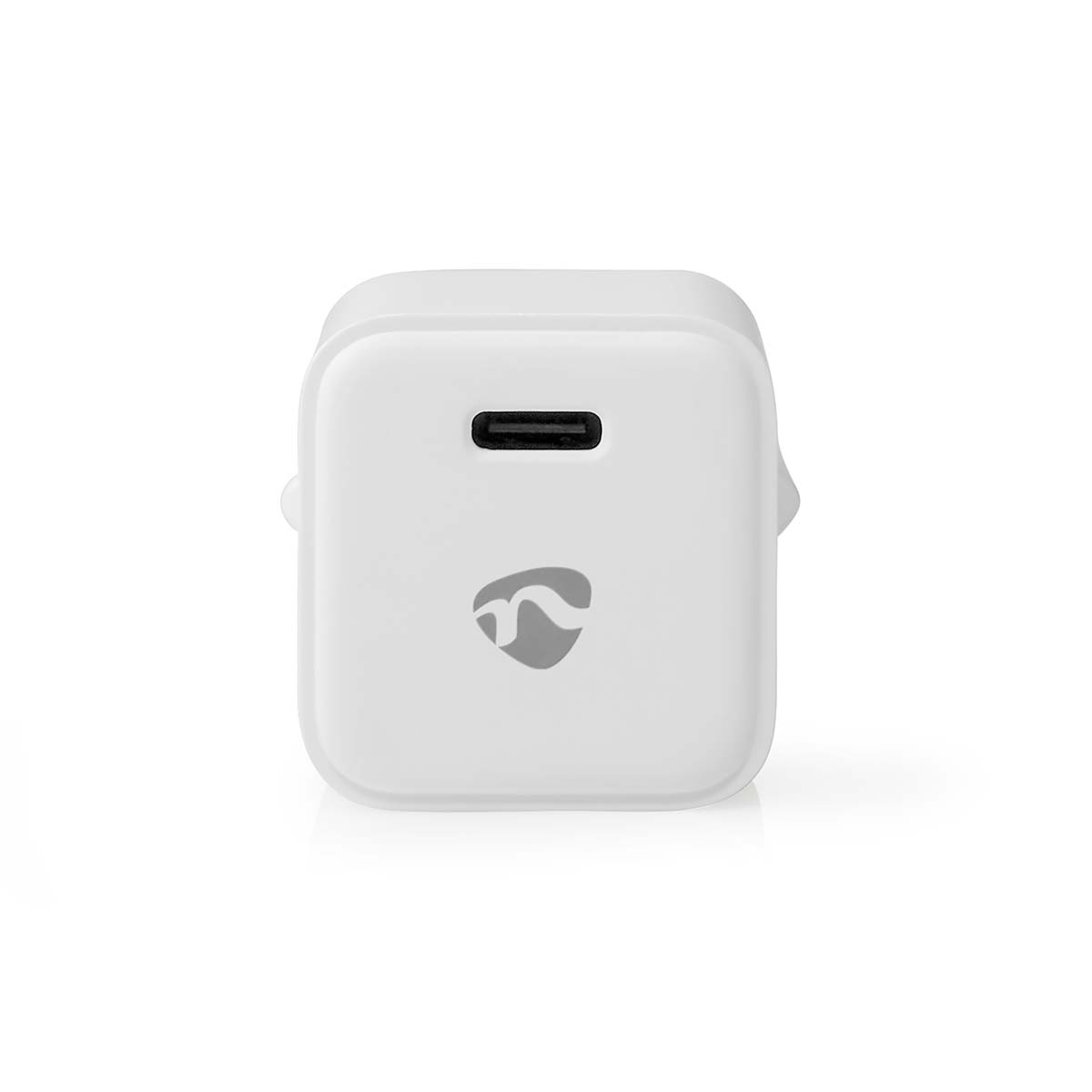 Weißer, quadratischer Netzadapter mit USB-C-Anschluss. Das Logo hat ein Wellendesign.